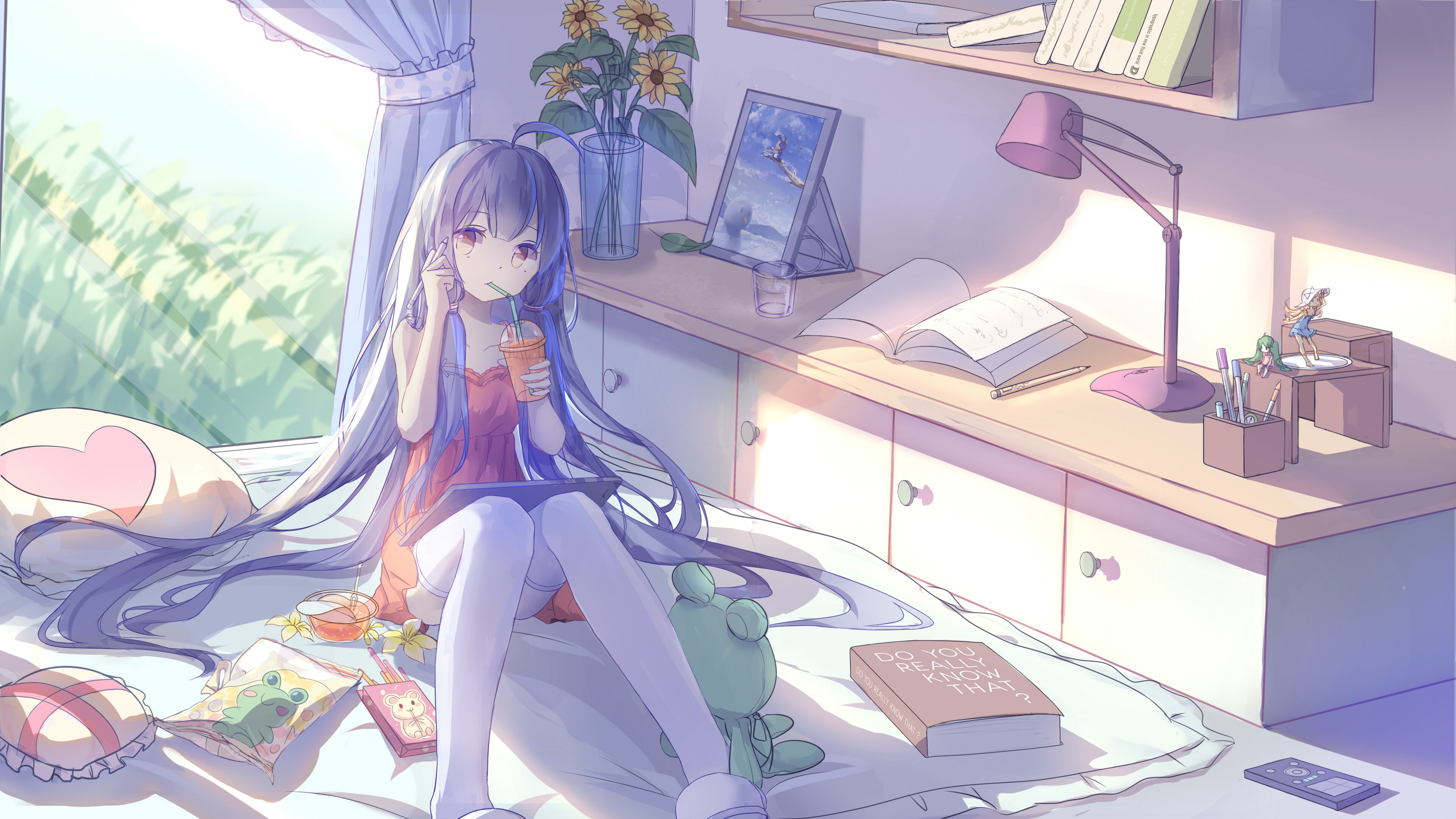 china, eyes, drink, bed, konachan, yueyue, vocaloid, com, blue, flowers, thighhighs, 4K, brown, dress, loli, book, long, hair, 252616, xingchen, HD Wallpaper