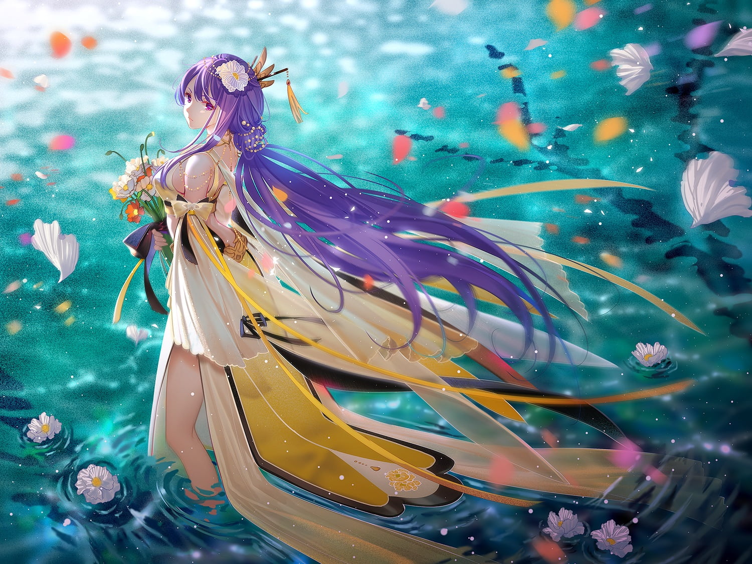 ribbon, bow, Vocaloid China, headdress, flowers, 720P, Vocaloid, purple hair, artwork, purple eyes, Mo Qingxian, digital art, water, HD Wallpaper
