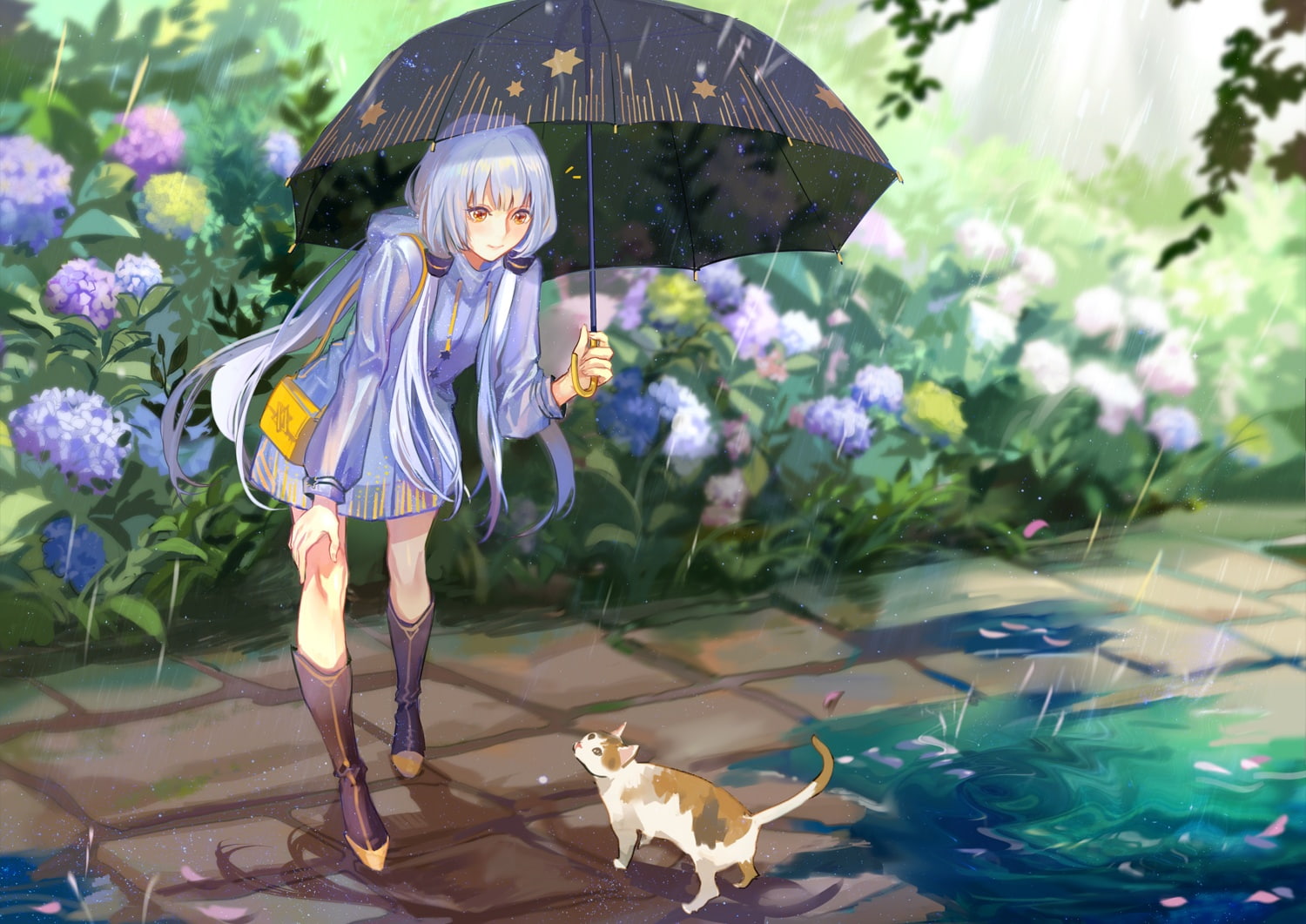 aqua, hair, long, china, xingchen, petals, eyes, cat, umbrella, vocaloid, yellow, 244099, dress, flowers, rain, animal, com, boots, konachan, 720P, water, HD Wallpaper