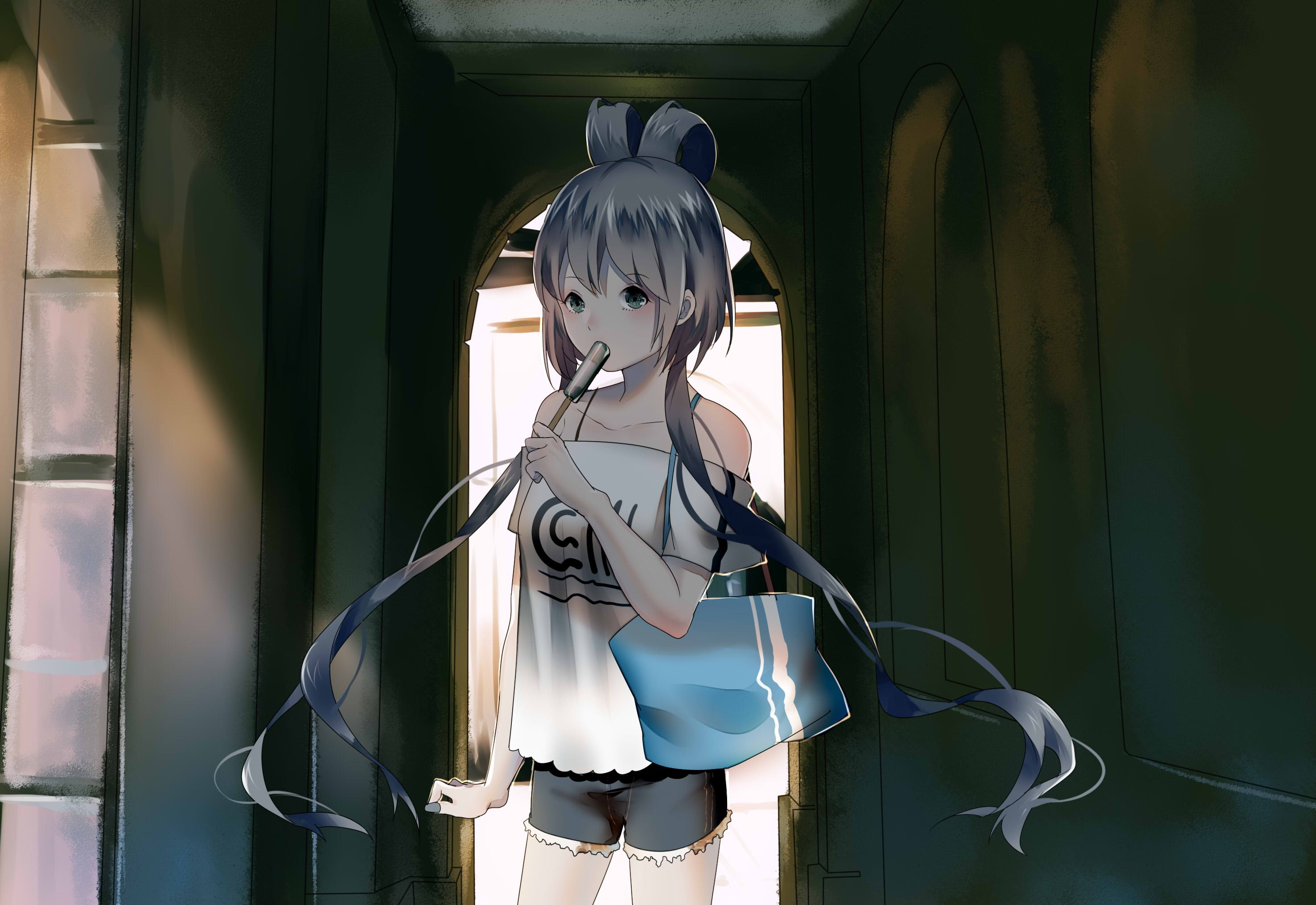 tianyi, eyes, green, blush, com, vocaloid, weitu, luo, gray, china, shorts, long, 2K, popsicle, 250824, konachan, hair, HD Wallpaper