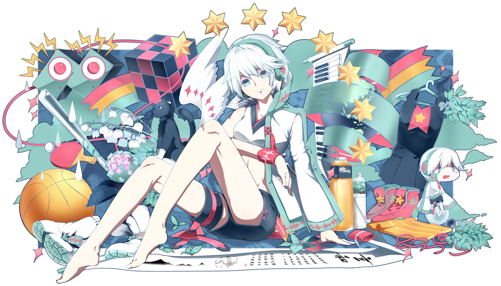 hair, headphones, mao, yan, barefoot, china, pianzu, vocaloid, 720P, blue, eyes, short, white, drink, animal, cat, HD Wallpaper