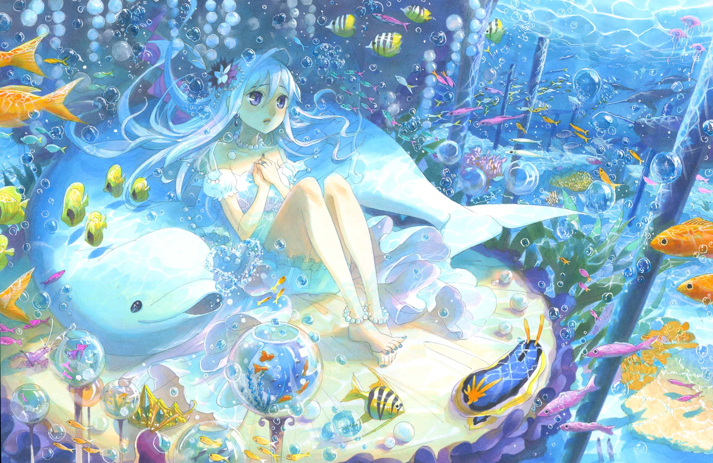 sea, art, fish, fantasy, high angle view, festival, Dolphin, human representation, nature, reef, deep, marine, abstract, computer Graphic, female likeness, HD Wallpaper
