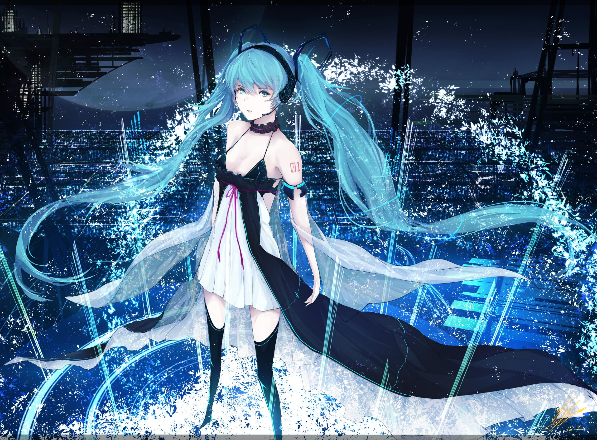 boots, dress, twintails, night, headphones, Moon, 1080P, anime, long hair, ribbon, tattoo, anime girls, city, Vocaloid, Hatsune Miku, HD Wallpaper