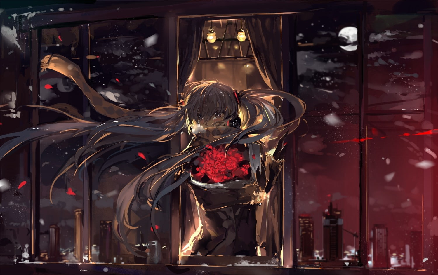 flowers, city, indoors, no people, human representation, architecture, anime, built structure, Vocaloid, female likeness, building, snow, anime girls, spirituality, HD Wallpaper
