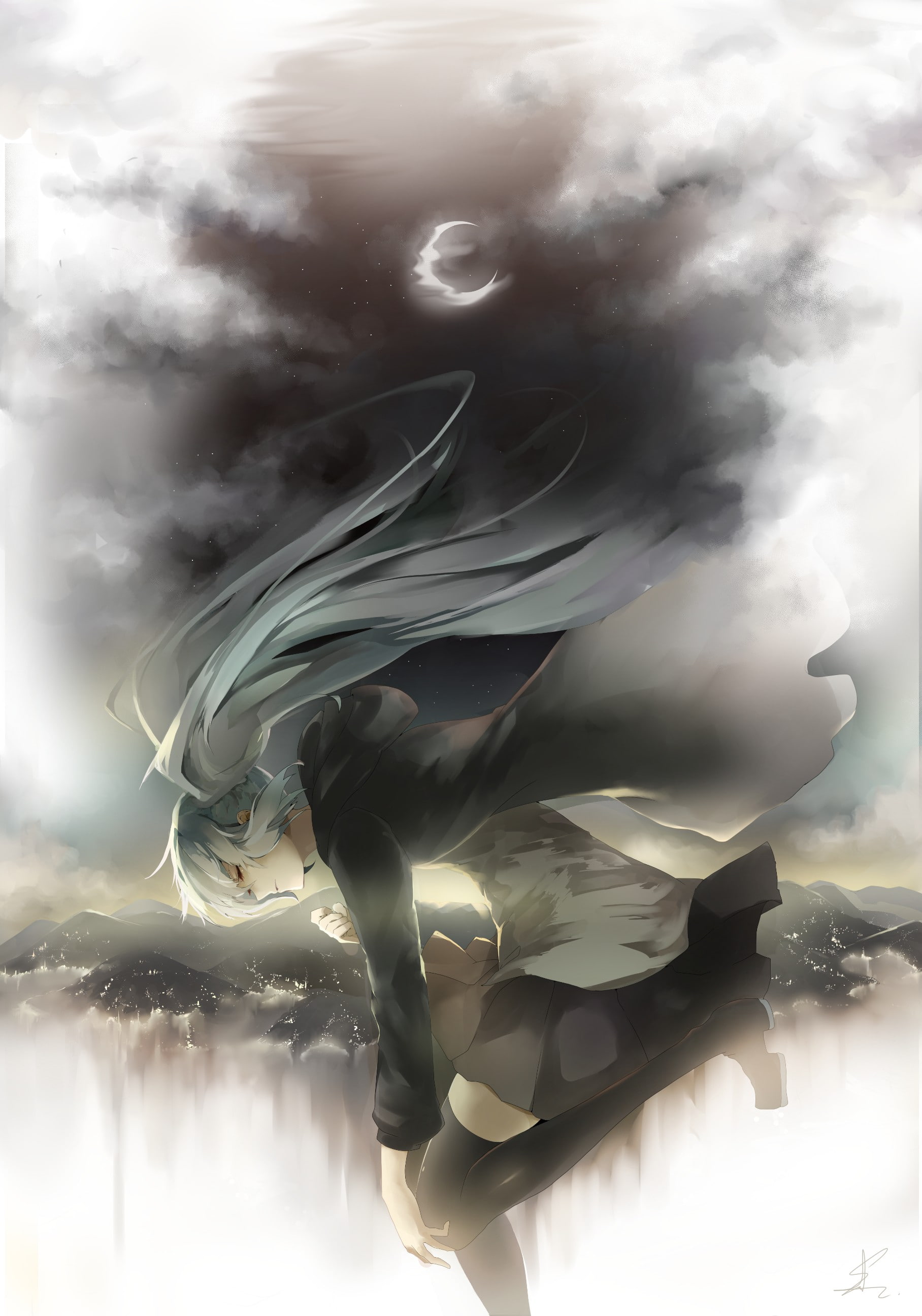 Vocaloid, anime girls, Hatsune Miku, thigh-highs, twintails, mountains, skirt, long hair, Moon, 2K, night, anime, Phone HD Wallpaper
