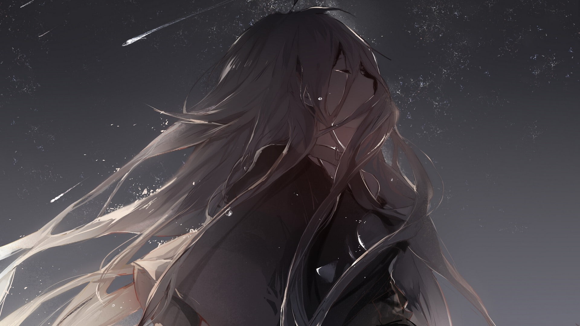 gray hair, sky, stars, anime girls, 1080P, tears, Vocaloid, long hair, night, crying, IA (Vocaloid), choker, closed eyes, HD Wallpaper