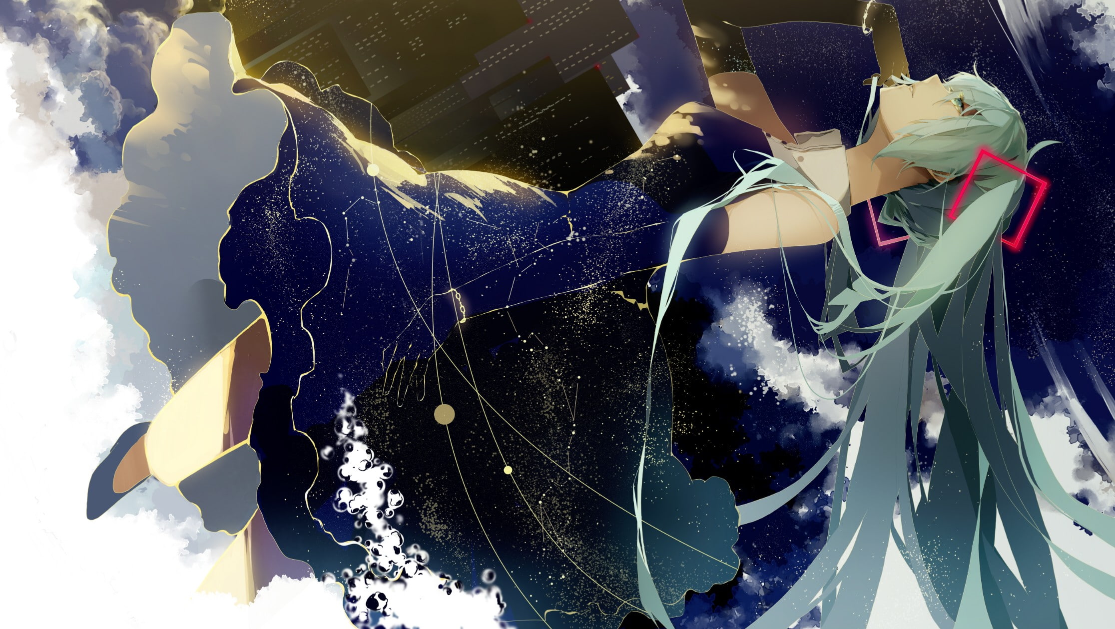 water, Hatsune Miku, building exterior, architecture, cloud - sky, reflection, wind, clouds, anime, dress, day, built structure, 1080P, twintails, city, HD Wallpaper
