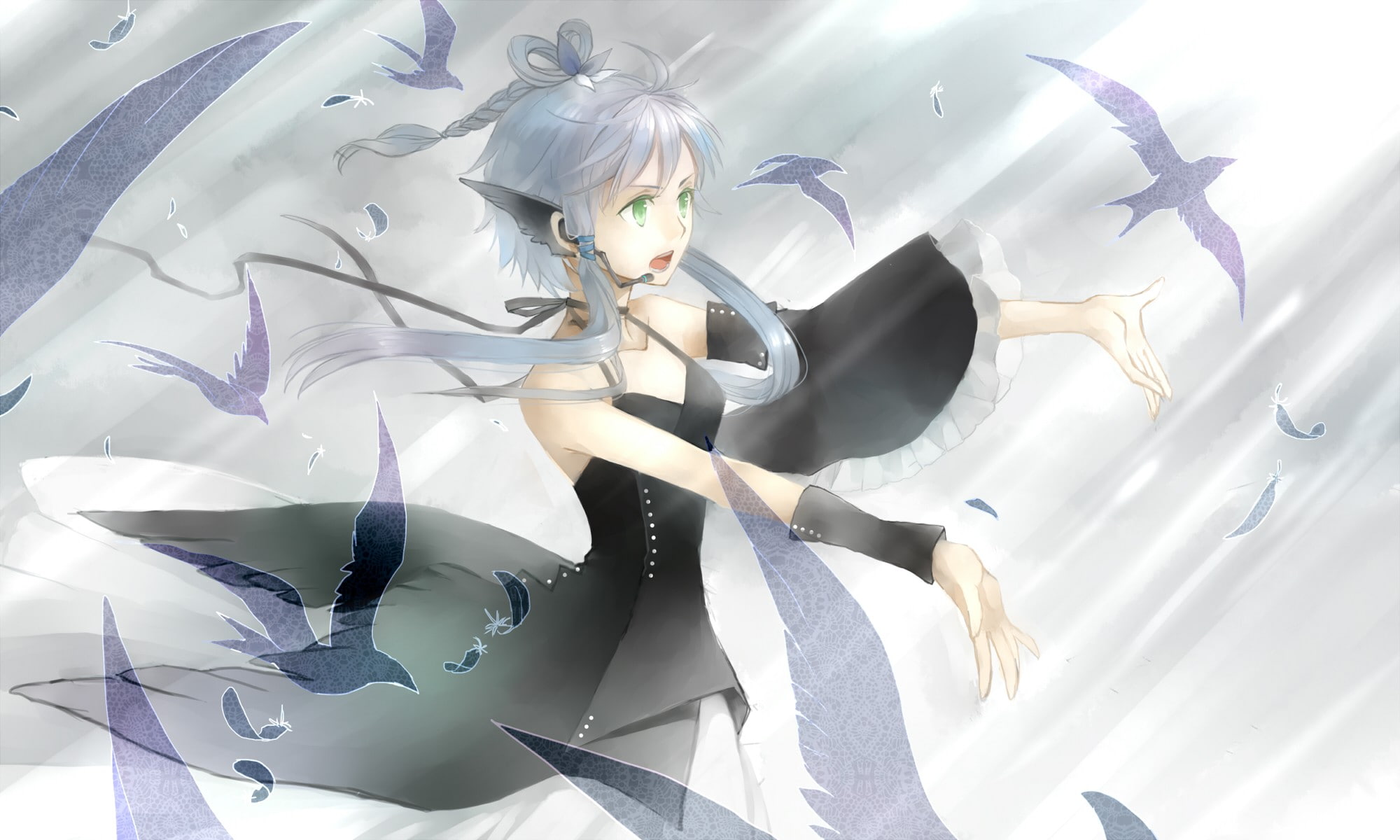 mouth, bare, vocaloid, eyes, girls, tianyi, twintails, hair, blue, anime, luo, braids, birds, microphones, open, shoulders, 1080P, green, HD Wallpaper