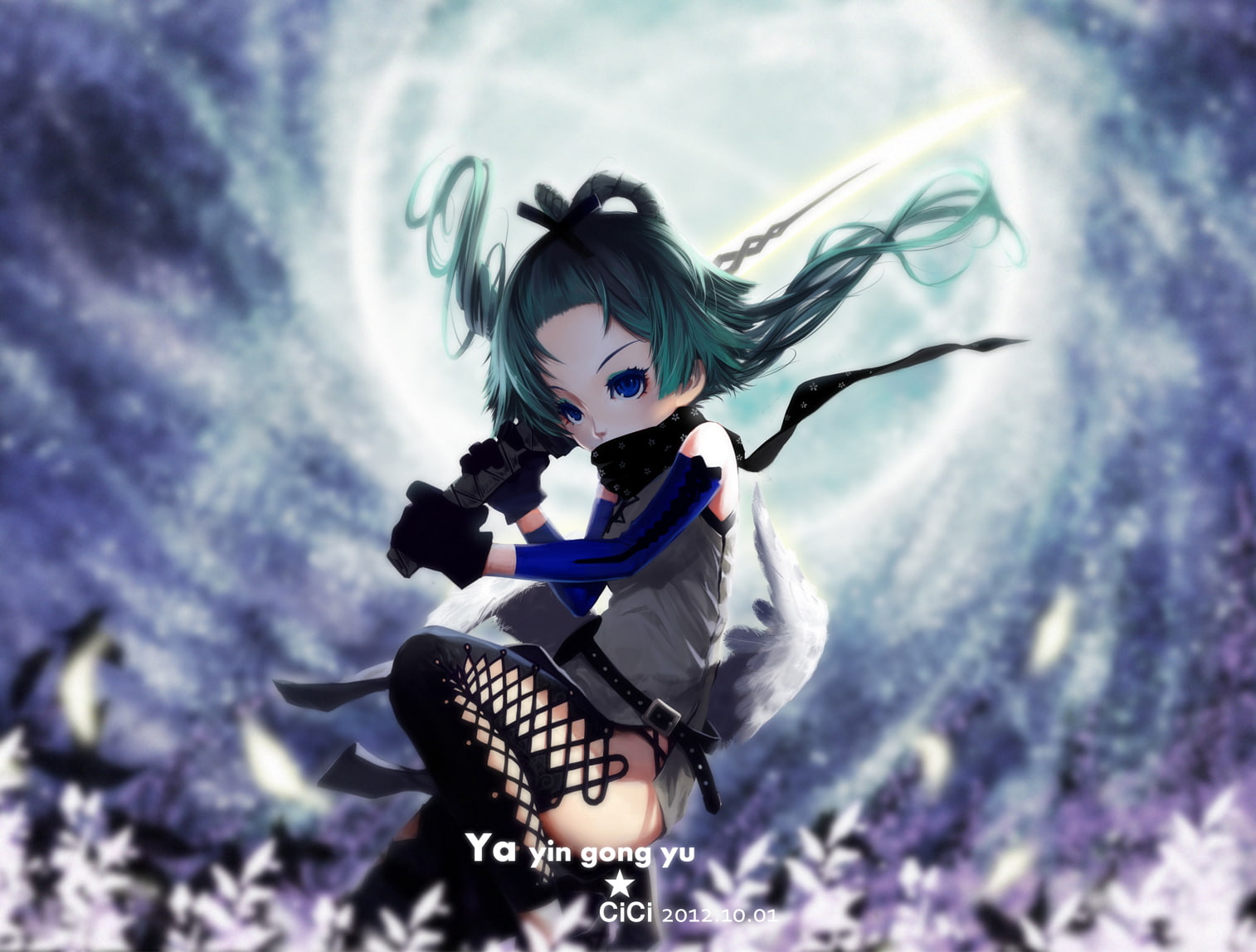 blue, vocaloid, hair, weapon, tianyi, eyes, wings, sword, scarf, gloves, luo, cici, aqua, 720P, HD Wallpaper