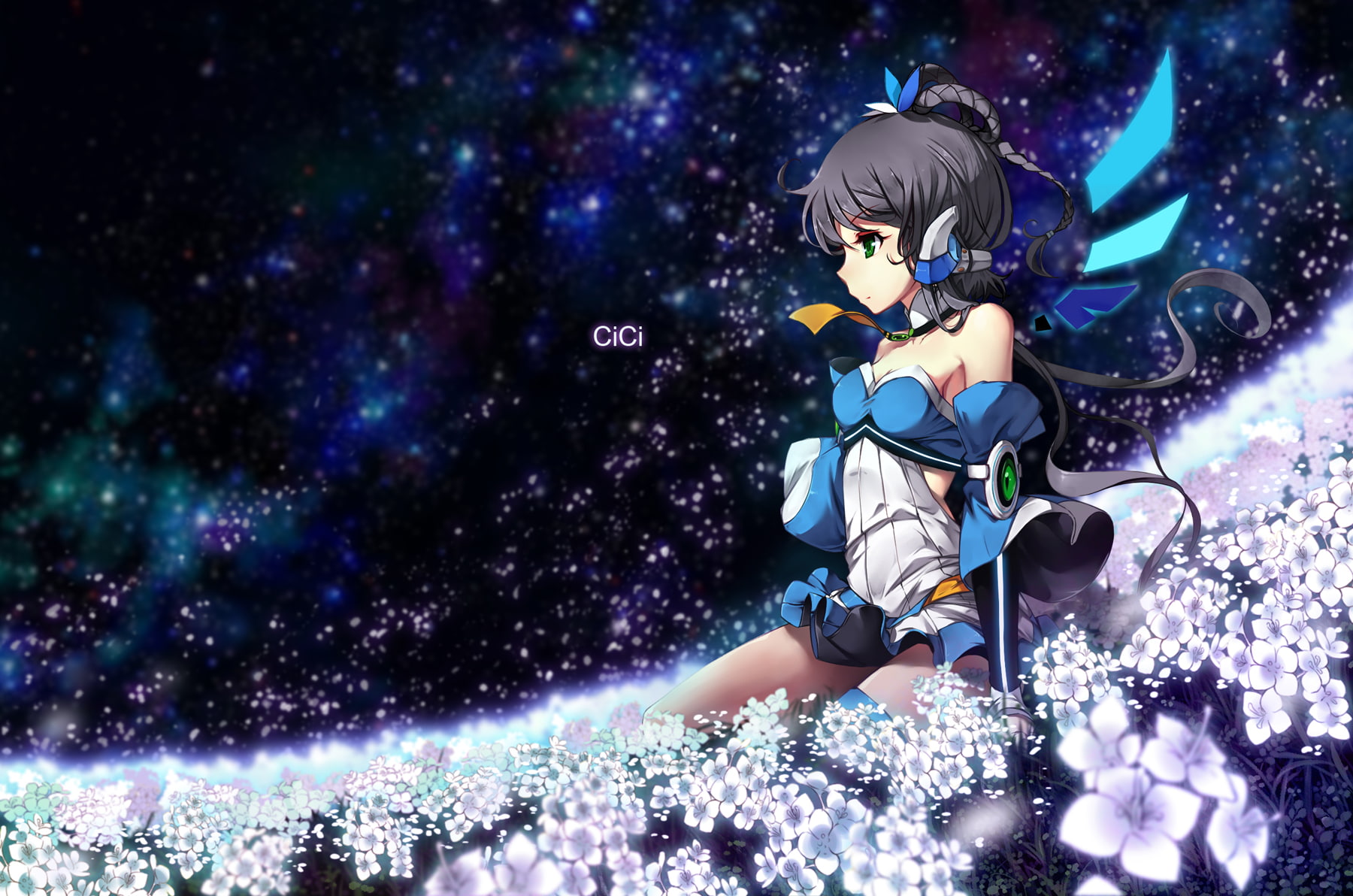 black, tie, hair, vocaloid, cici, sky, flowers, space, 720P, stars, luo, tianyi, HD Wallpaper