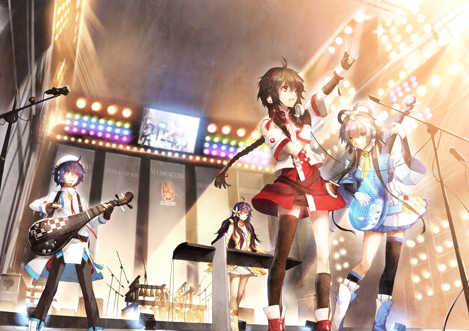 luo, qingxian, drums, vocaloid, green, hair, blue, tianyi, piano, moke, eyes, zhiyu, scorpion5050, 720P, microphone, brown, guitar, purple, instrument, HD Wallpaper