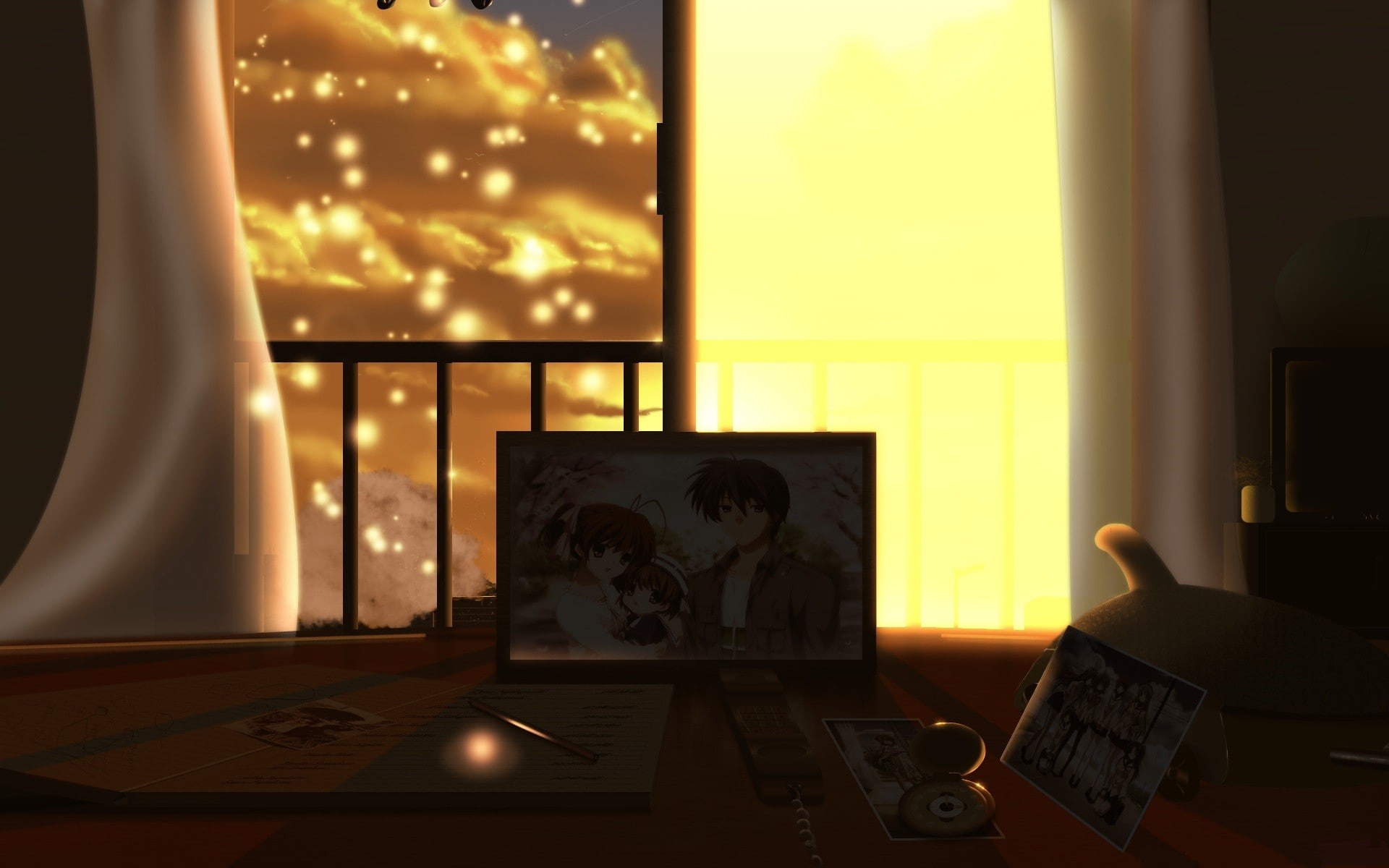 lighting equipment, computer equipment, Clannad, office, paper, anime, electric lamp, home interior, focus on foreground, technology, indoors, computer, HD Wallpaper