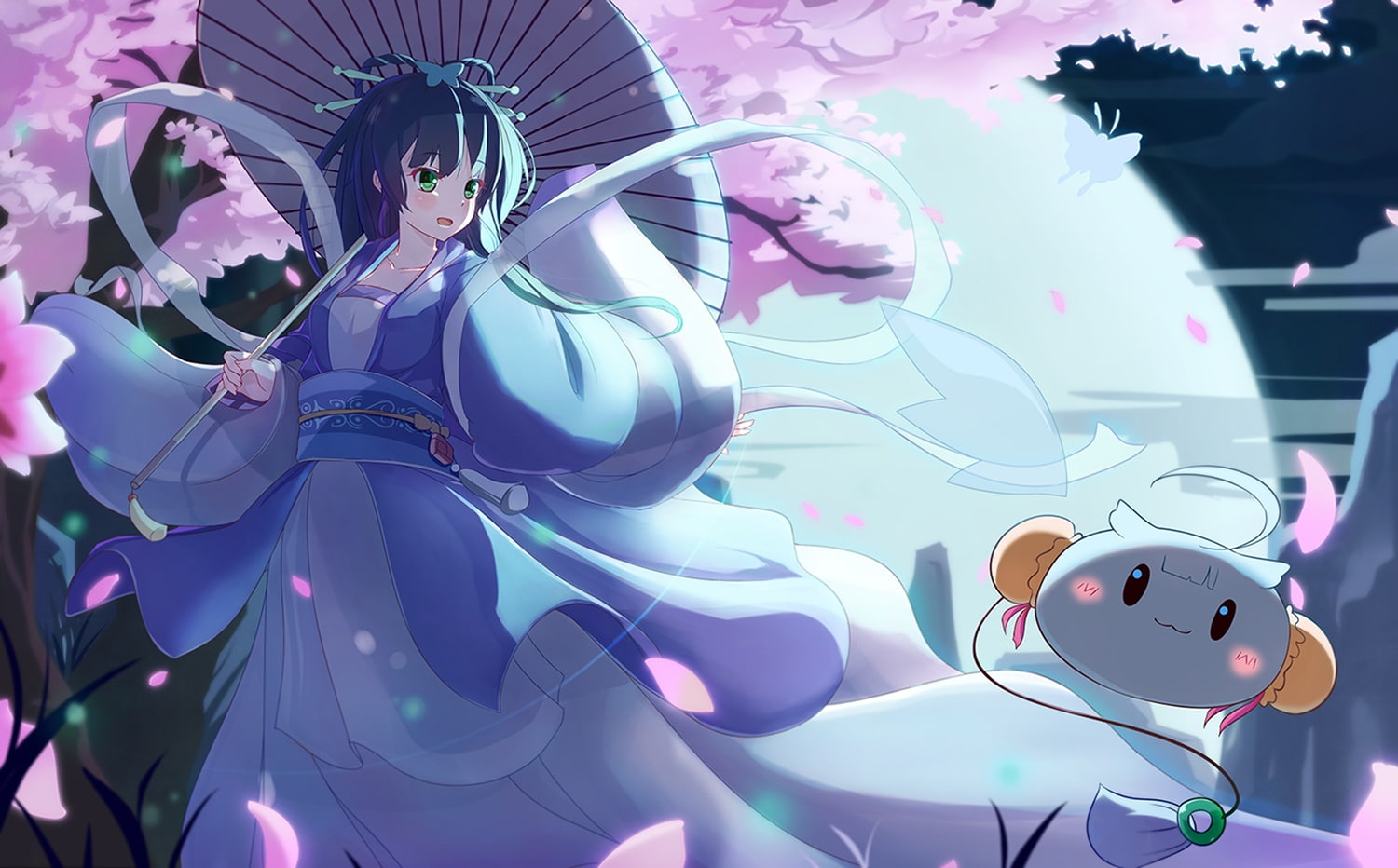 252044, cherry, 720P, petals, blossoms, umbrella, green, moon, china, zongmao, butterfly, long, clothes, luo, chinese, eyes, com, hair, konachan, vocaloid, HD Wallpaper