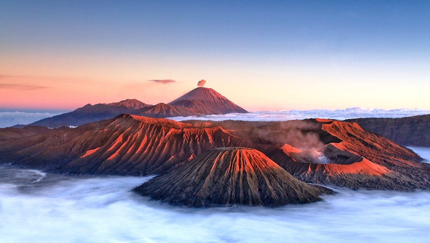 twilight, travel destinations, landscape, environment, nature landscape mountain volcano clouds mist crater sunrise mount bromo indonesia sunlight, nature, HD Wallpaper