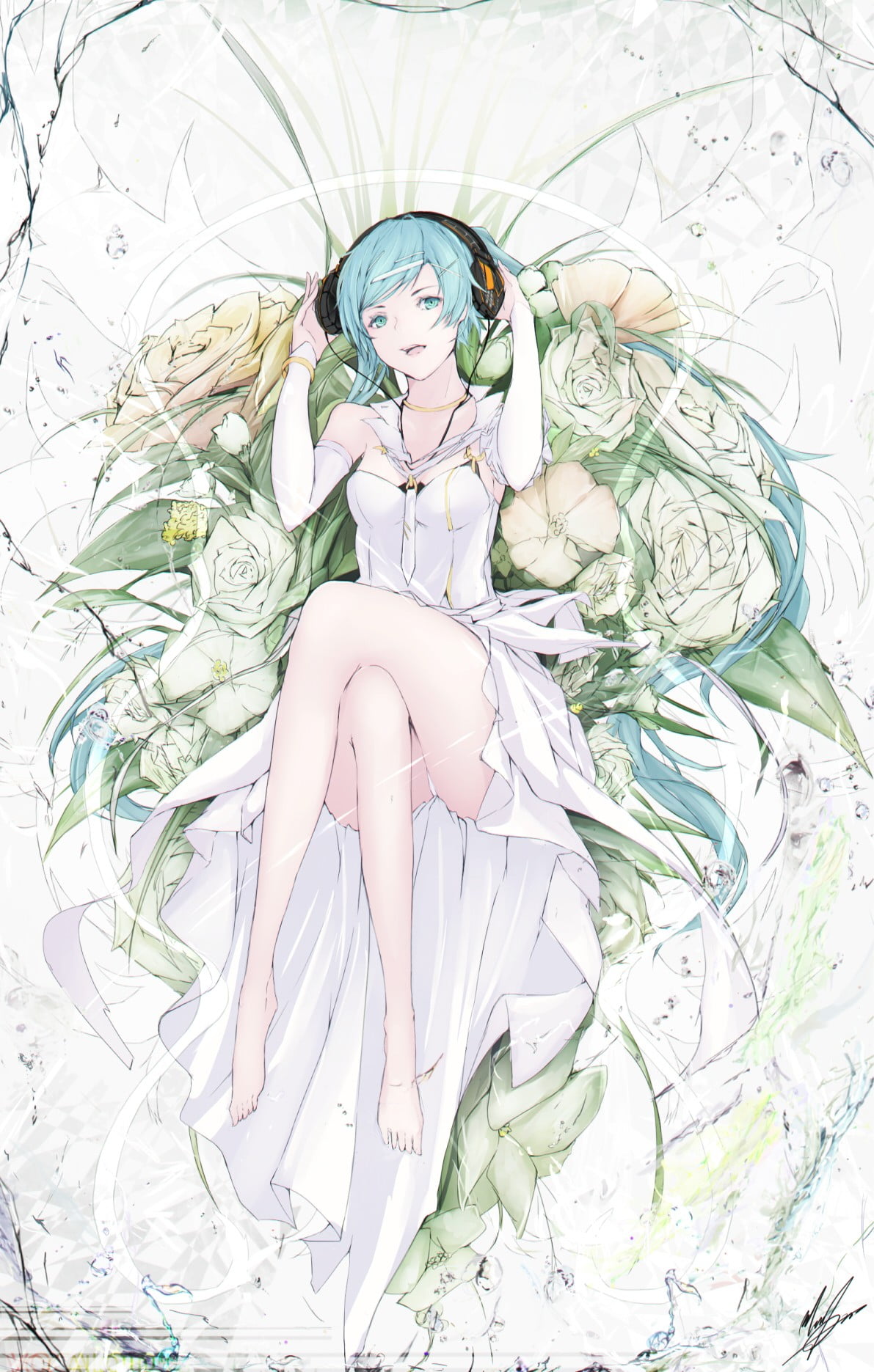 jewelry, neckties, anime, art and craft, nature, hairstyle, twintails, portrait display, beauty, flowers, 720P, elegance, full length, sitting, adult, Phone HD Wallpaper