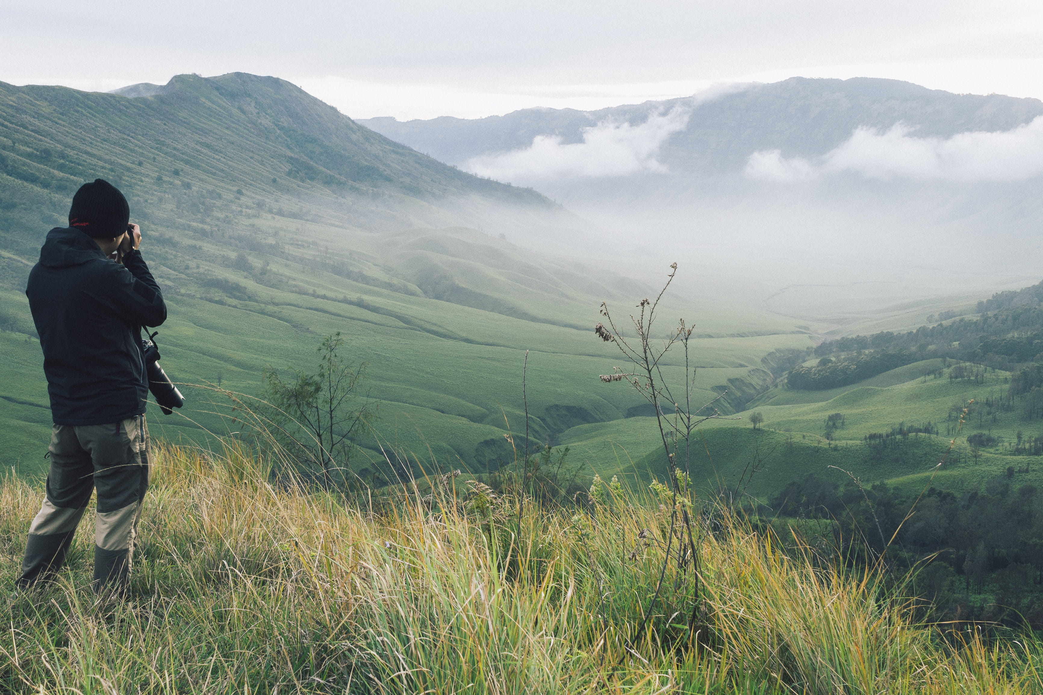 mountain range, one person, photographer, java, real people, mountain, plant, we went, standing, tranquility, savanna, valley, green color, panorama, landscape, HD Wallpaper