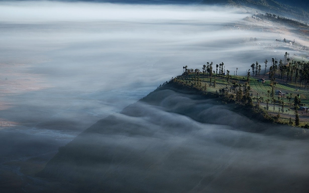 nature landscape mist mountain trees morning mount bromo indonesia village field, 480P, HD Wallpaper