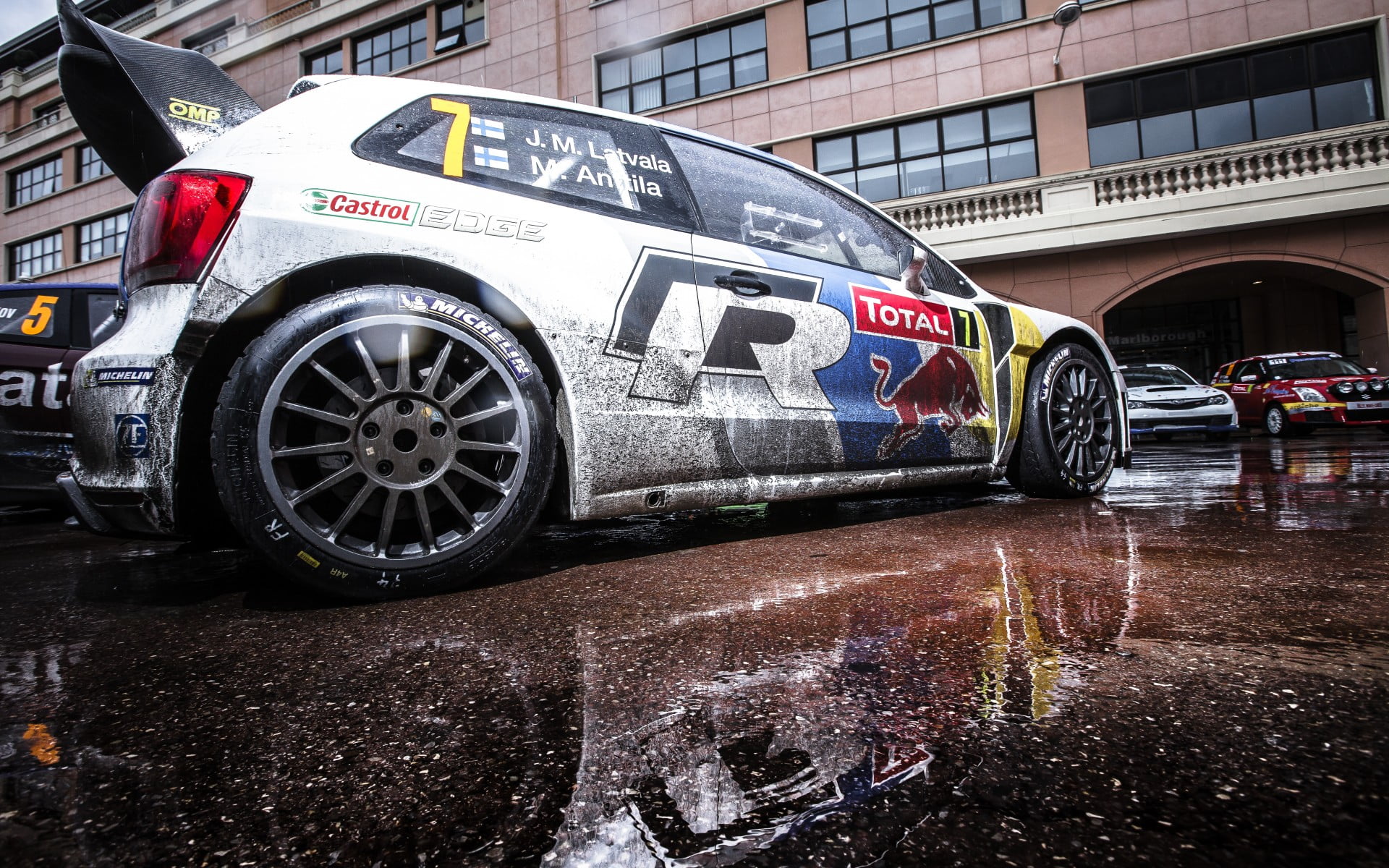 wheel, red, water, car, jari, architecture, wrc, wheels, rally, building exterior, transportation, wet, city, reflection, accidents and disasters, motion, HD Wallpaper