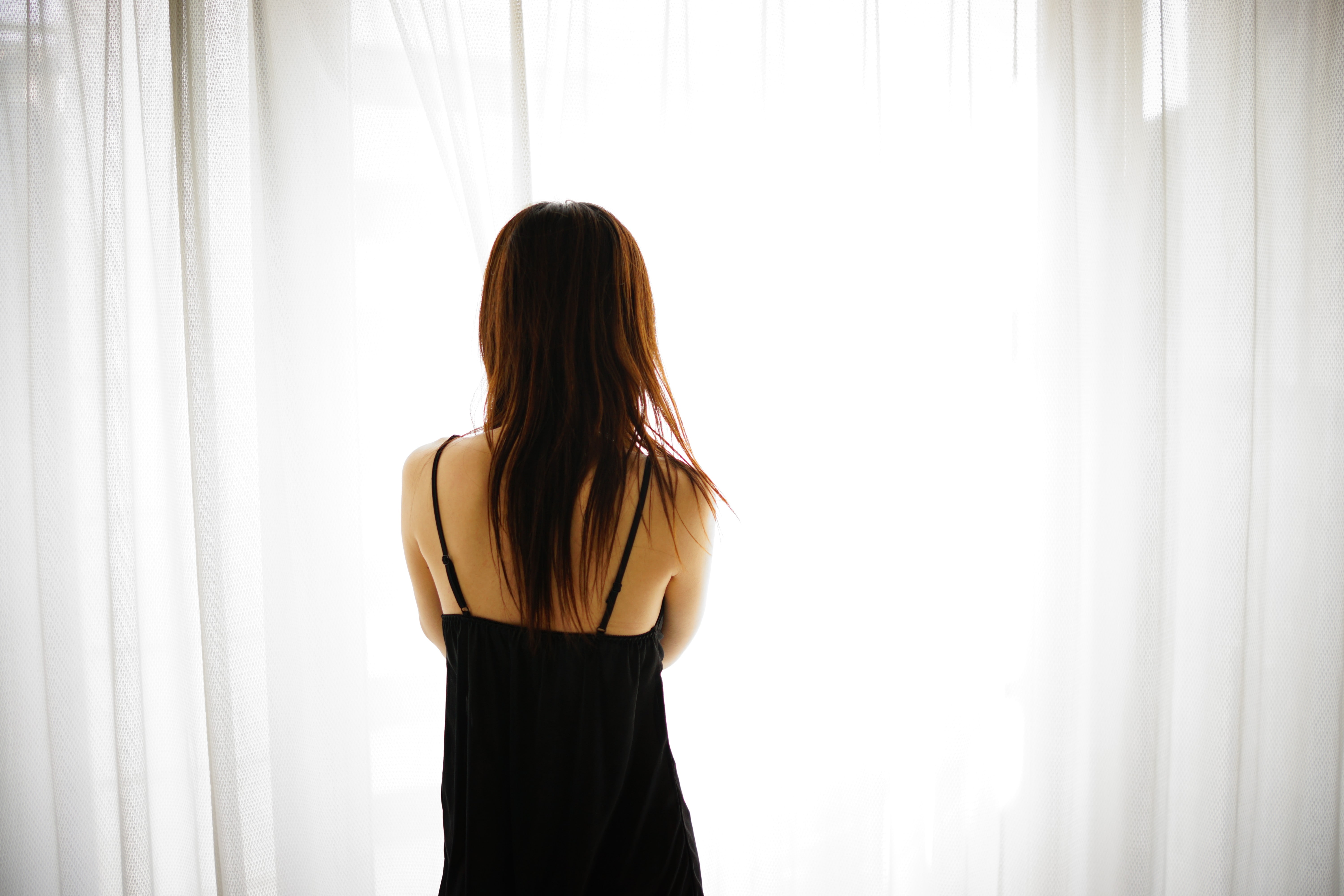Asian, redhead, brown hair, brunette, rear view, portrait, window, lifestyles, curtain, indoors, hairstyle, 5K, standing, straight hair, looking, three quarter length, HD Wallpaper