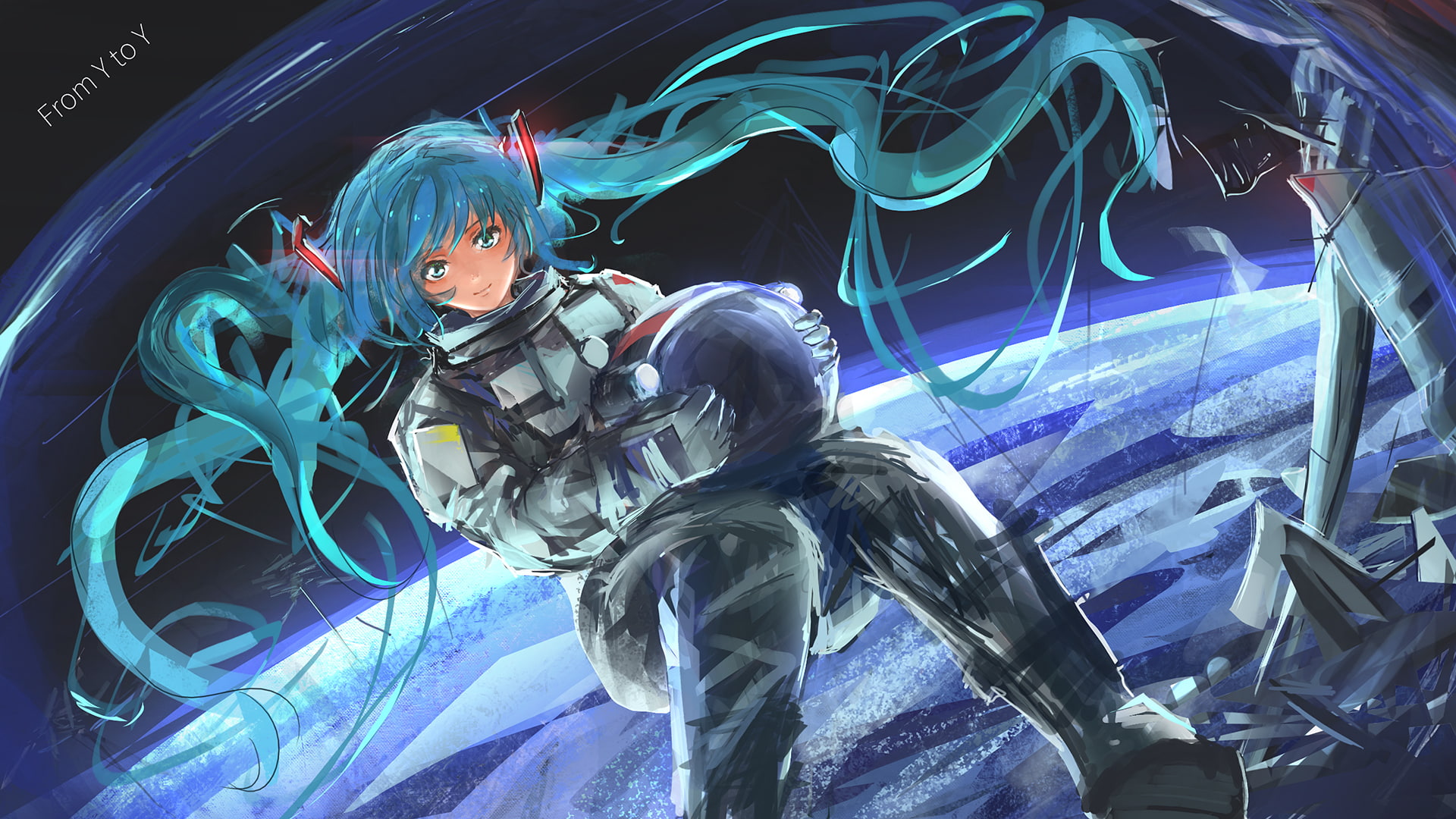 1080P, anime, earth, vocaloid, hatsuny miku, an ice cream, the suit, space, art, planet, girl, HD Wallpaper