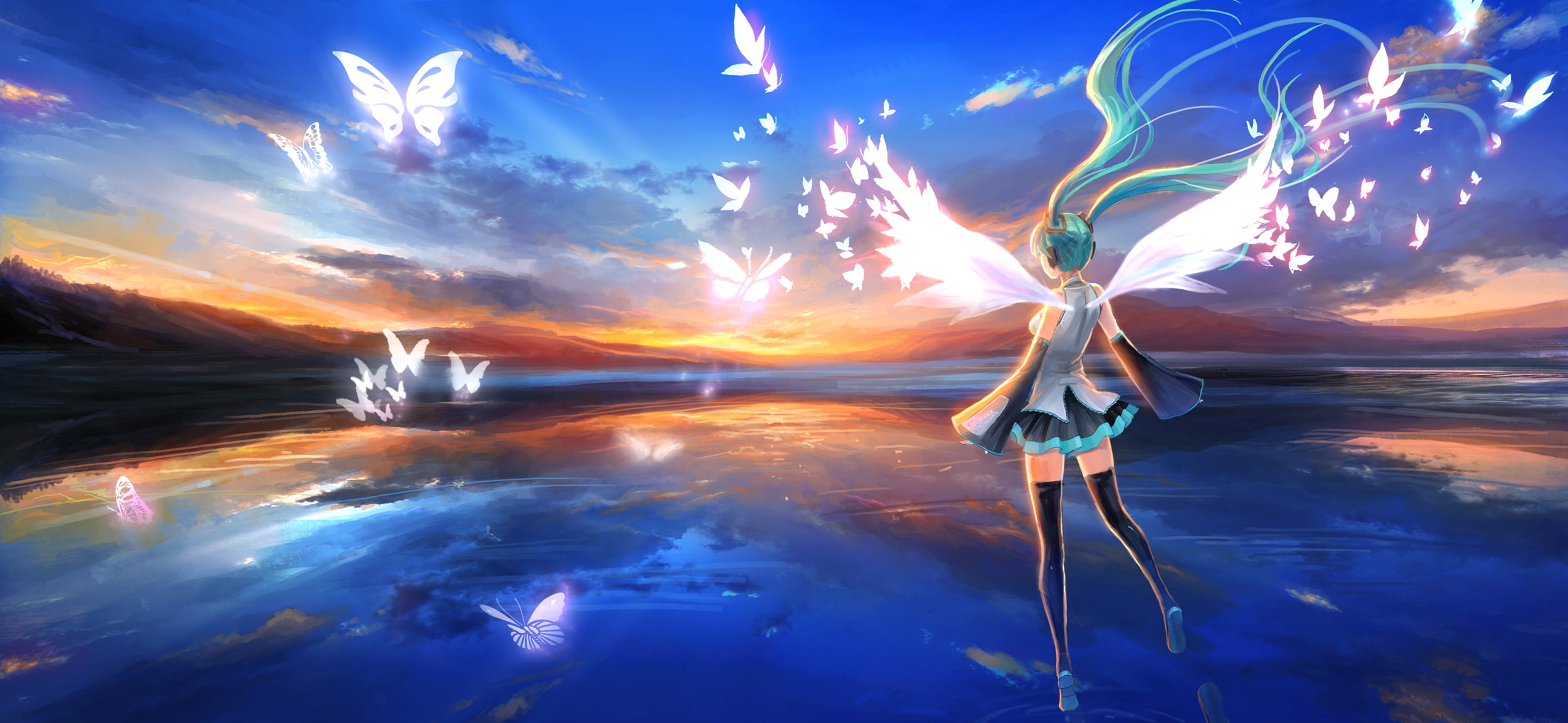 environment, motion, the sky, hatsuni, sky, 1080P, orange color, beauty in nature, multi colored, blue, tranquility, dress, no people, miko, HD Wallpaper