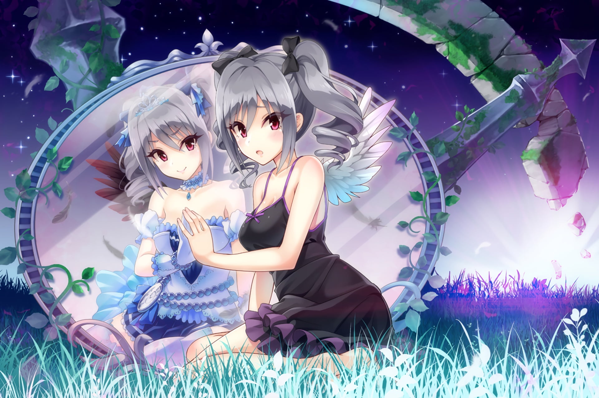 starry sky, alter ego, 1080P, two tails, wings, in the grass, Kanzaki Ranko, black dress, Idolmaster: Cinderella Girls, the idolm @ ster: girls-Cinderella, HD Wallpaper