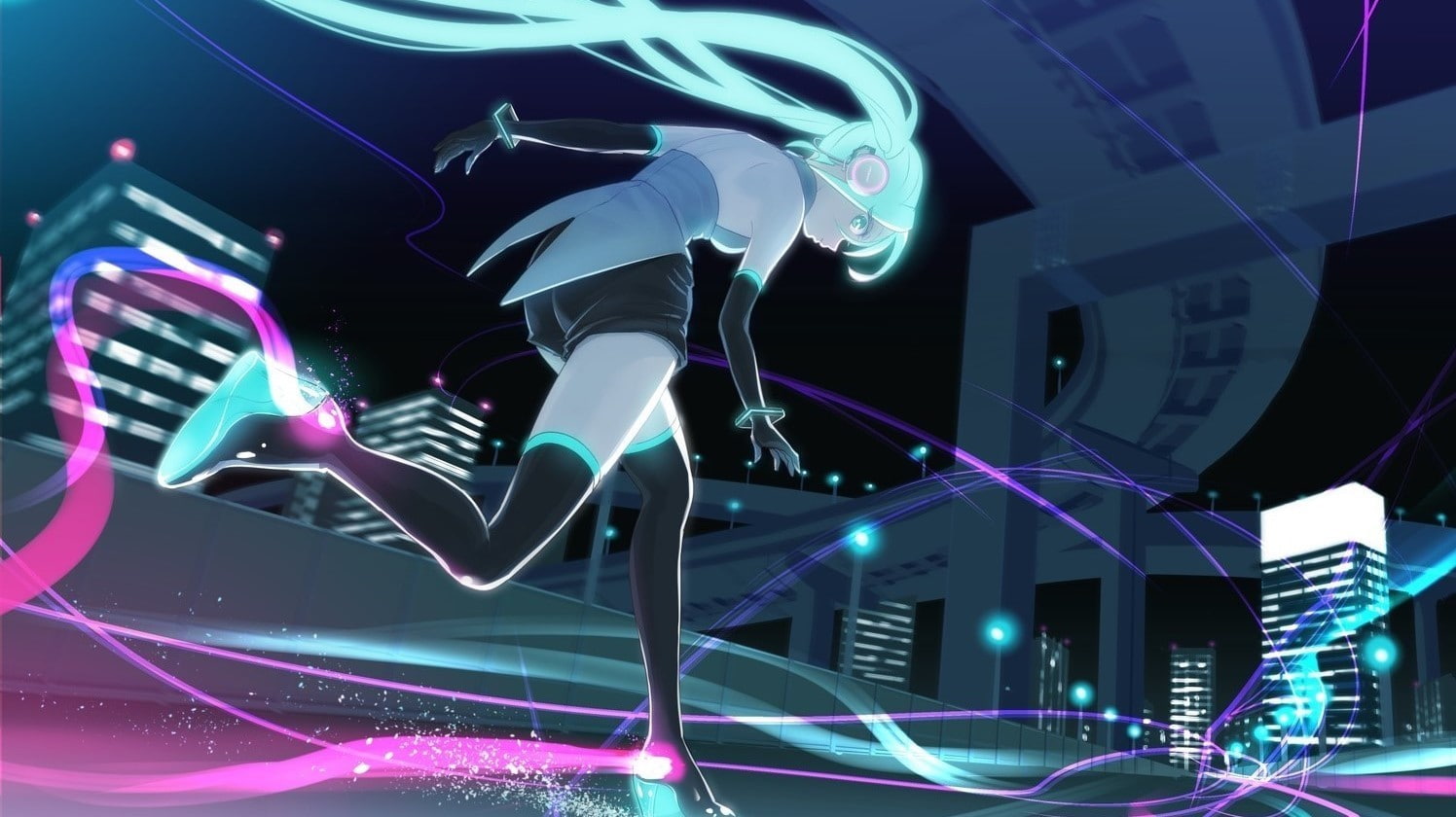 motion, 720P, futuristic, light painting, blurred motion, complexity, night, multi colored, Vocaloid, anime, thigh-highs, speed, modern, laser, Hatsune Miku, HD Wallpaper