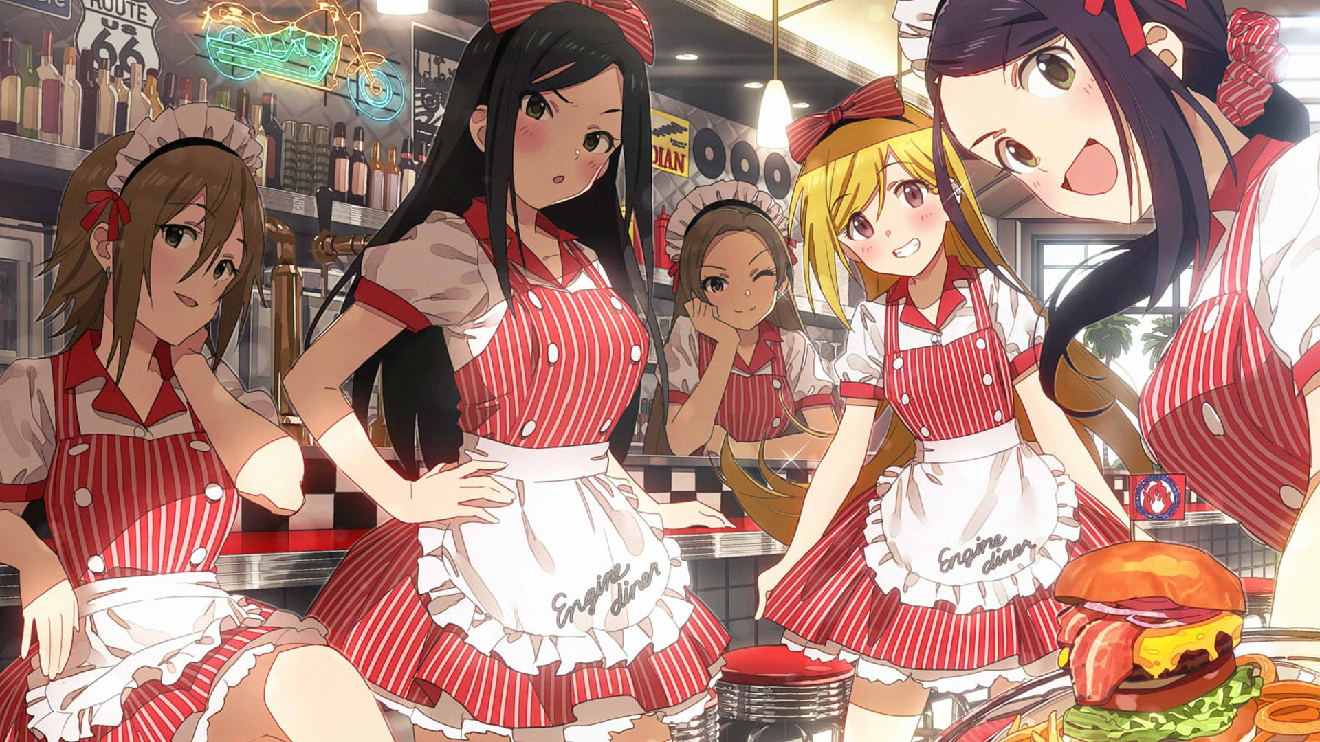 shopping, Aki Yamato, group of people, representation, Rina Fujimoto, striped, Takumi Mukai, 1080P, women, human representation, Anime, consumerism, business, HD Wallpaper