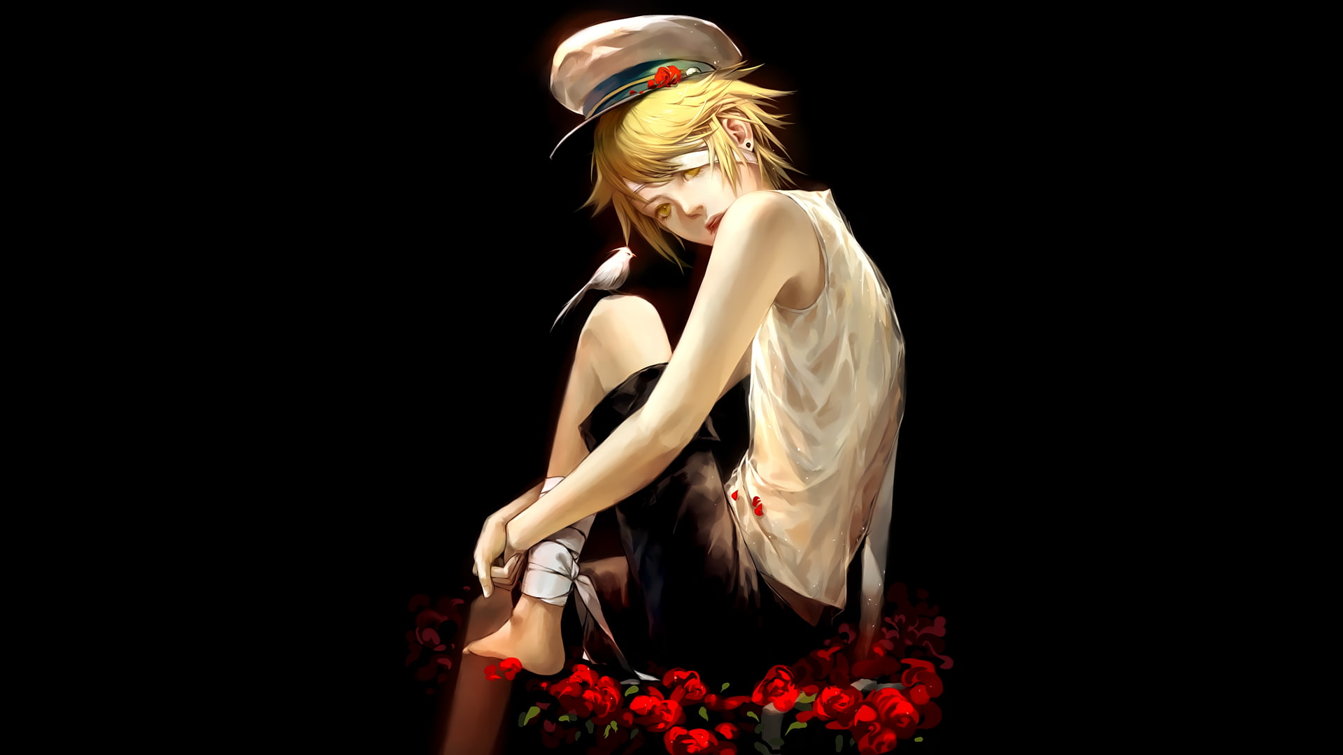 1080P, copy space, hair, indoors, Kagamine Len, studio shot, anime girls, adult, anime, flower, black background, clothing, lifestyles, women, blond hair, HD Wallpaper