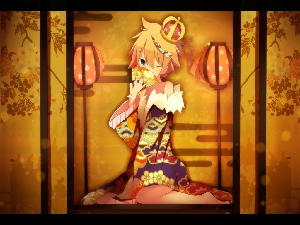 anime, anime girls, transfer print, female likeness, art and craft, real people, yellow, kimono, creativity, illuminated, frame, indoors, decoration, close-up, HD Wallpaper