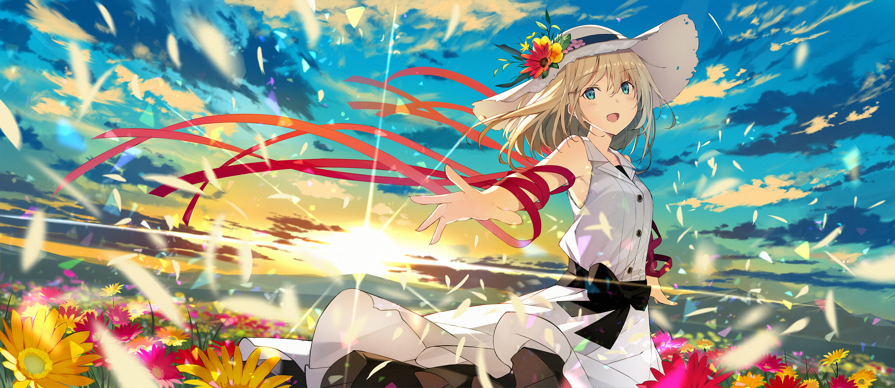 blonde, sunset, blue eyes, flowers, Ashima, summer, sky, hat, anime, sunlight, 2K, anime girls, HD Wallpaper