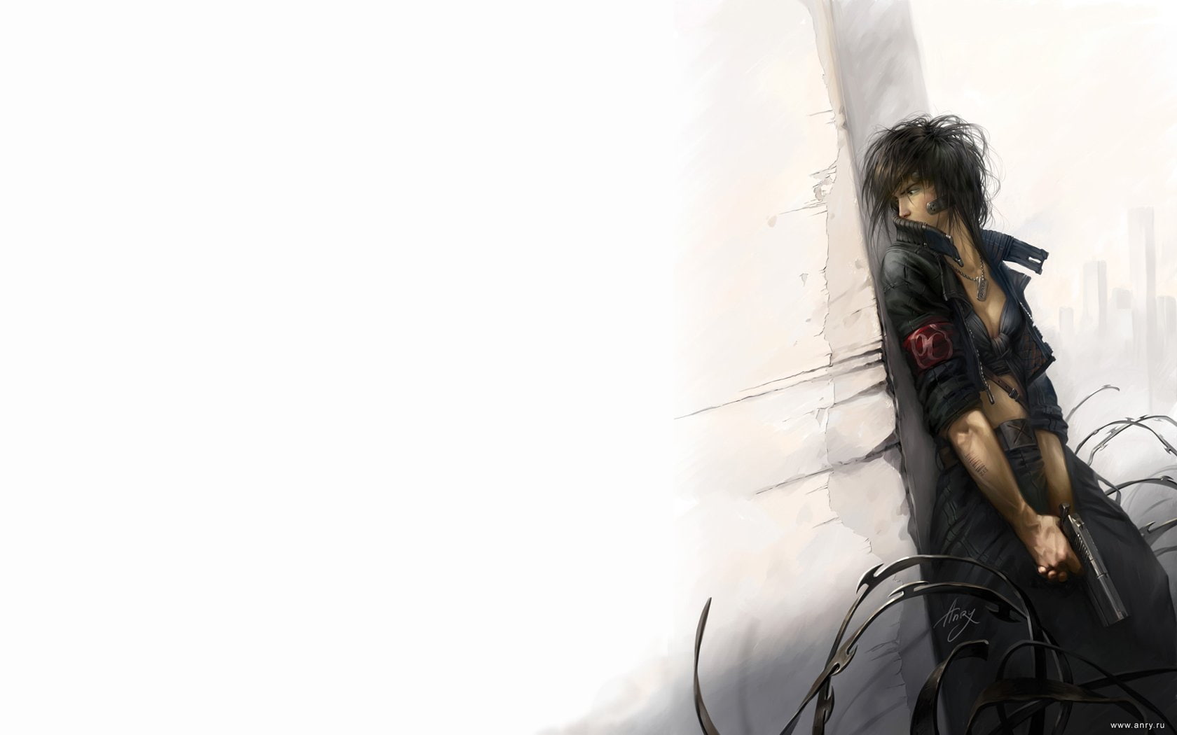 guns, women, leather, black, apocalyptic, barbed, jacket, barcode, 720P, hair, wire, armbands, HD Wallpaper