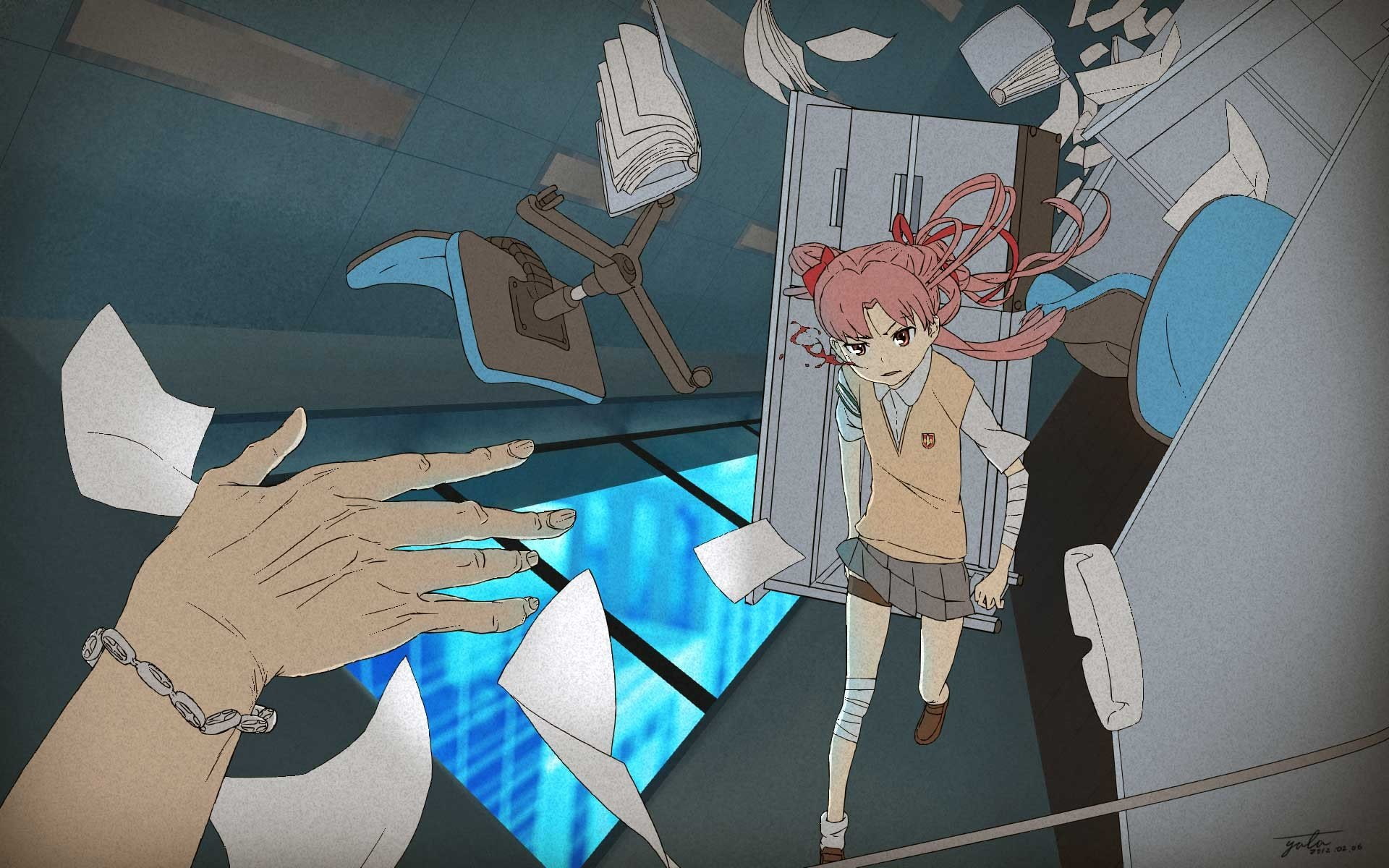 hands, kagaku, armbands, majutsu, girls, railgun, books, hair, injury, ribbons, jumper, windows, blood, toaru, shirai, 1080P, bandages, anime, ornaments, HD Wallpaper