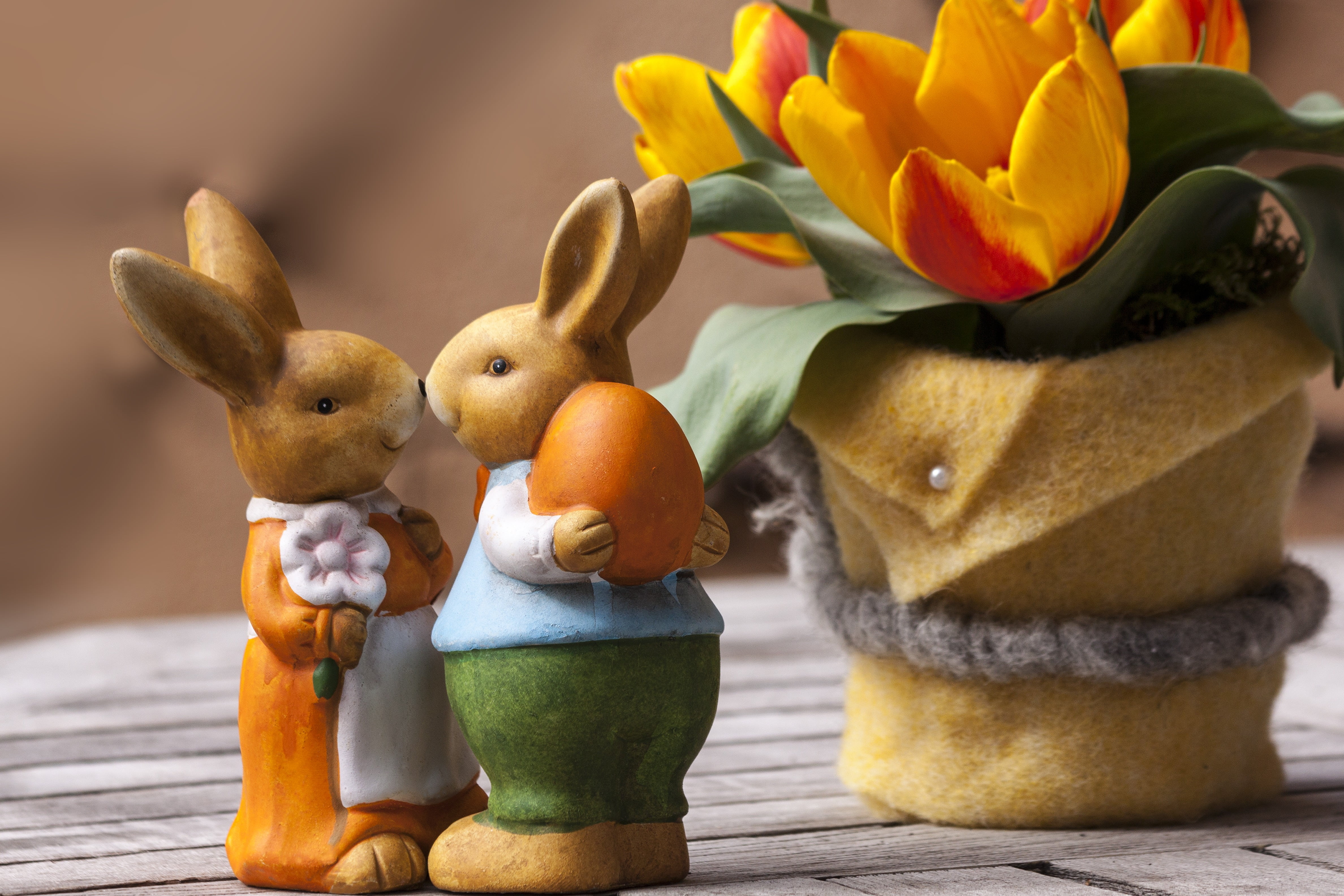 two, freshness, flowering plant, focus on foreground, wood - Material, representation, custom, sound, springtime, easter, orange, green, light blue, plant, HD Wallpaper