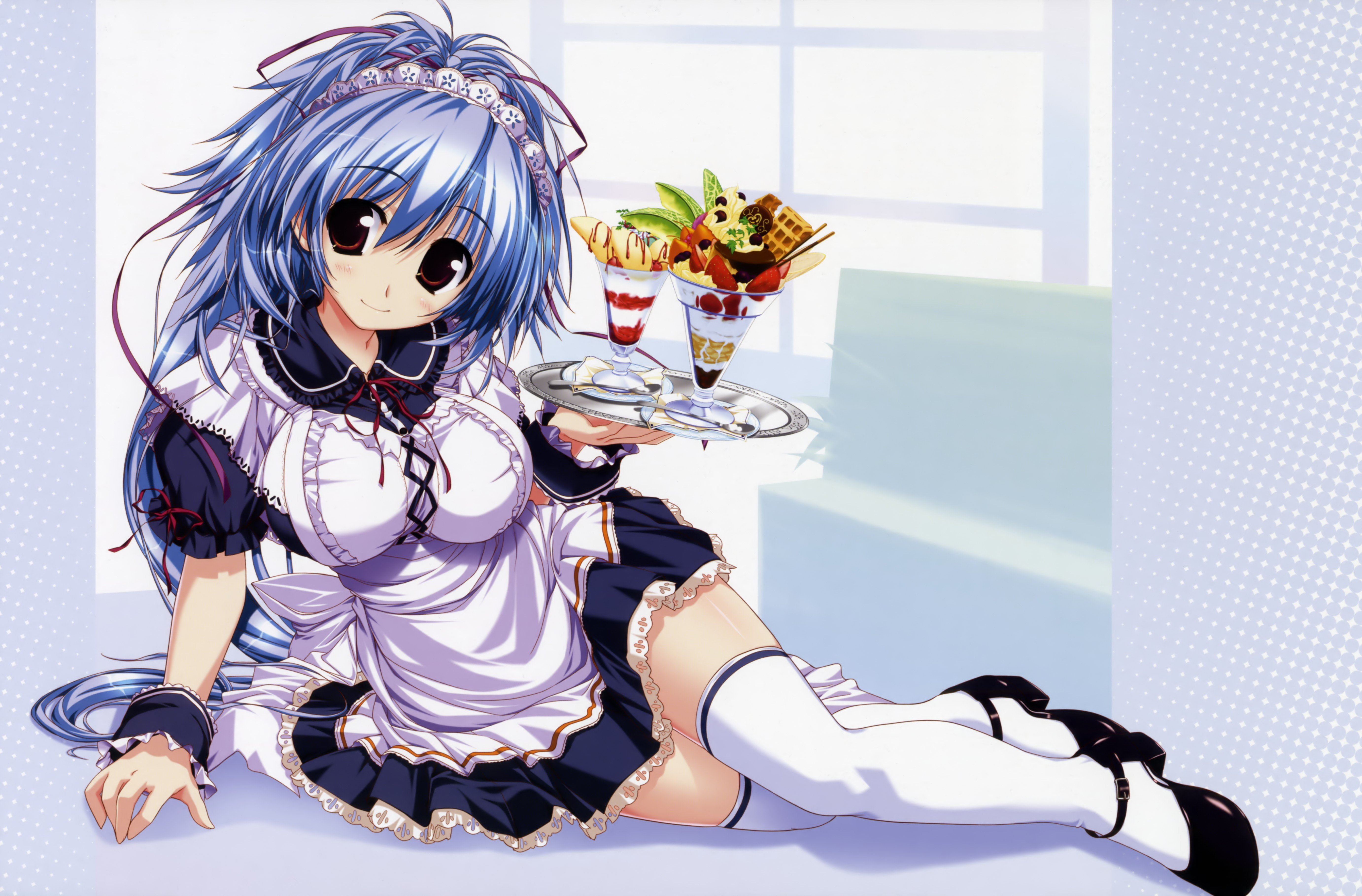 5K, blush, thigh, ornaments, aprons, novels, smiling, ribbons, video, ice, food, girls, hair, cream, suzunone, red, cuffs, dress, blue, games, ponytails, HD Wallpaper