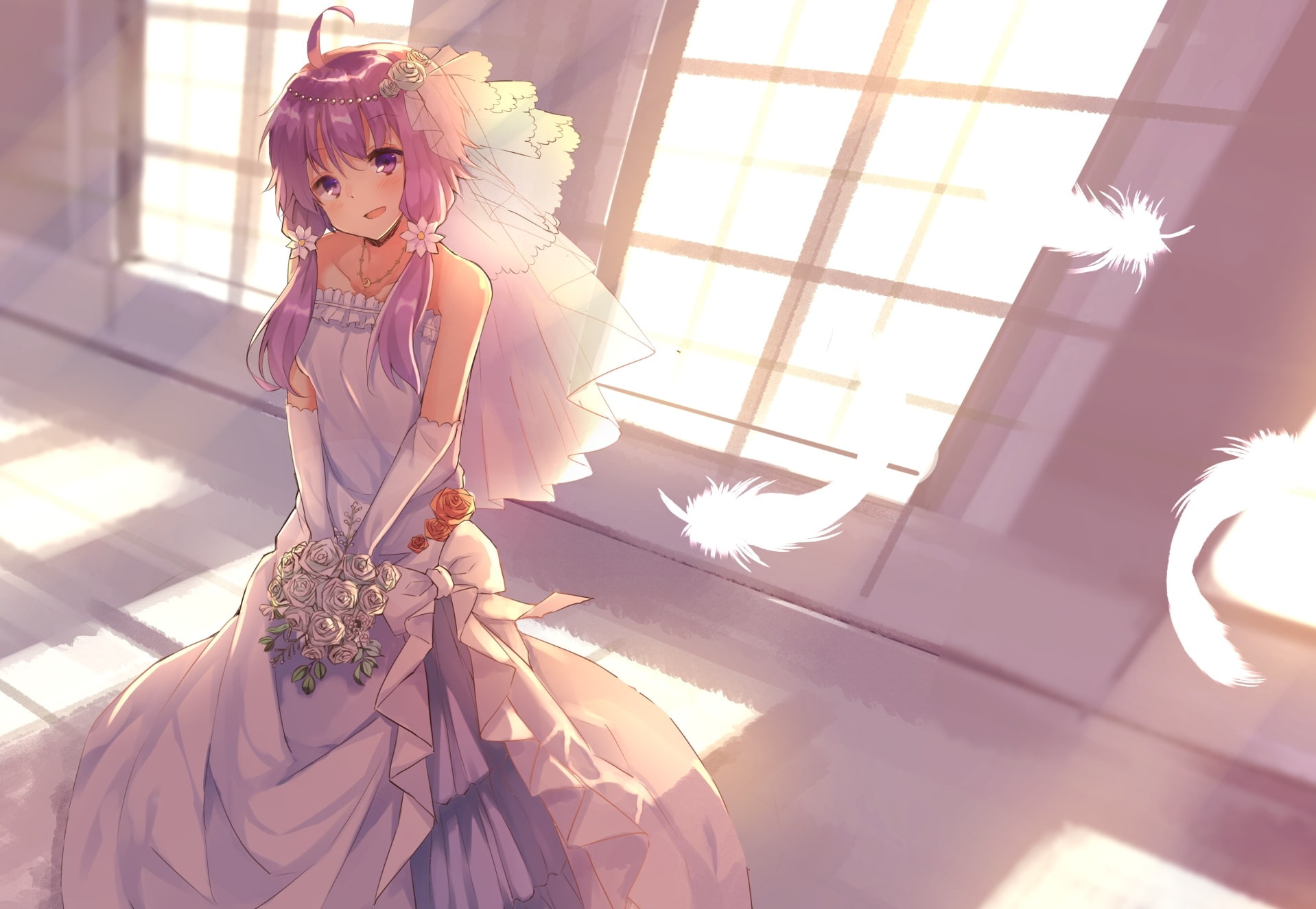 purple hair, women, window, costume, 720P, front view, fashion, clothing, real people, smiling, dress, one person, bride, home interior, lens flare, hairstyle, HD Wallpaper