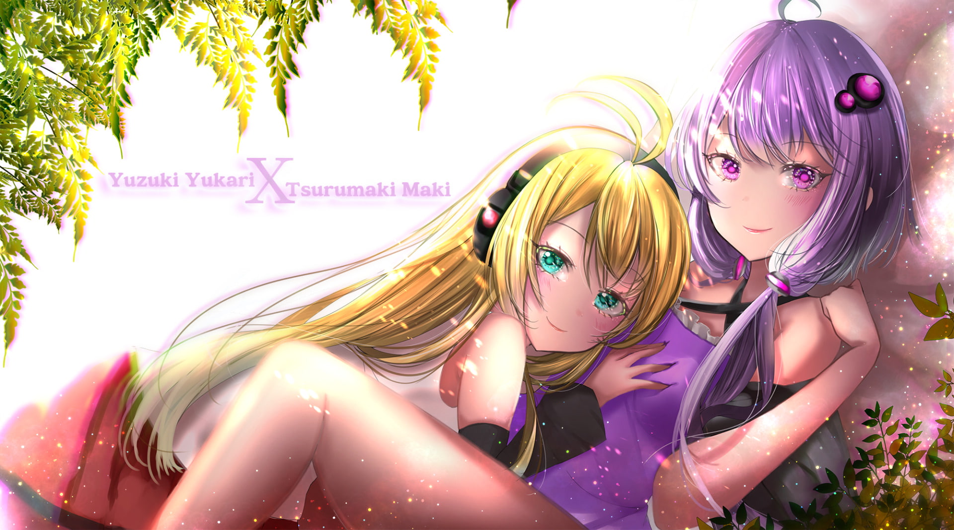 Long Hair, Purple Eyes, Anime, Smile, Blonde, Aqua Eyes, 1080P, Maki Tsurumaki, Girl, Yuzuki Yukari, Purple Hair, Vocaloid, Blush, HD Wallpaper