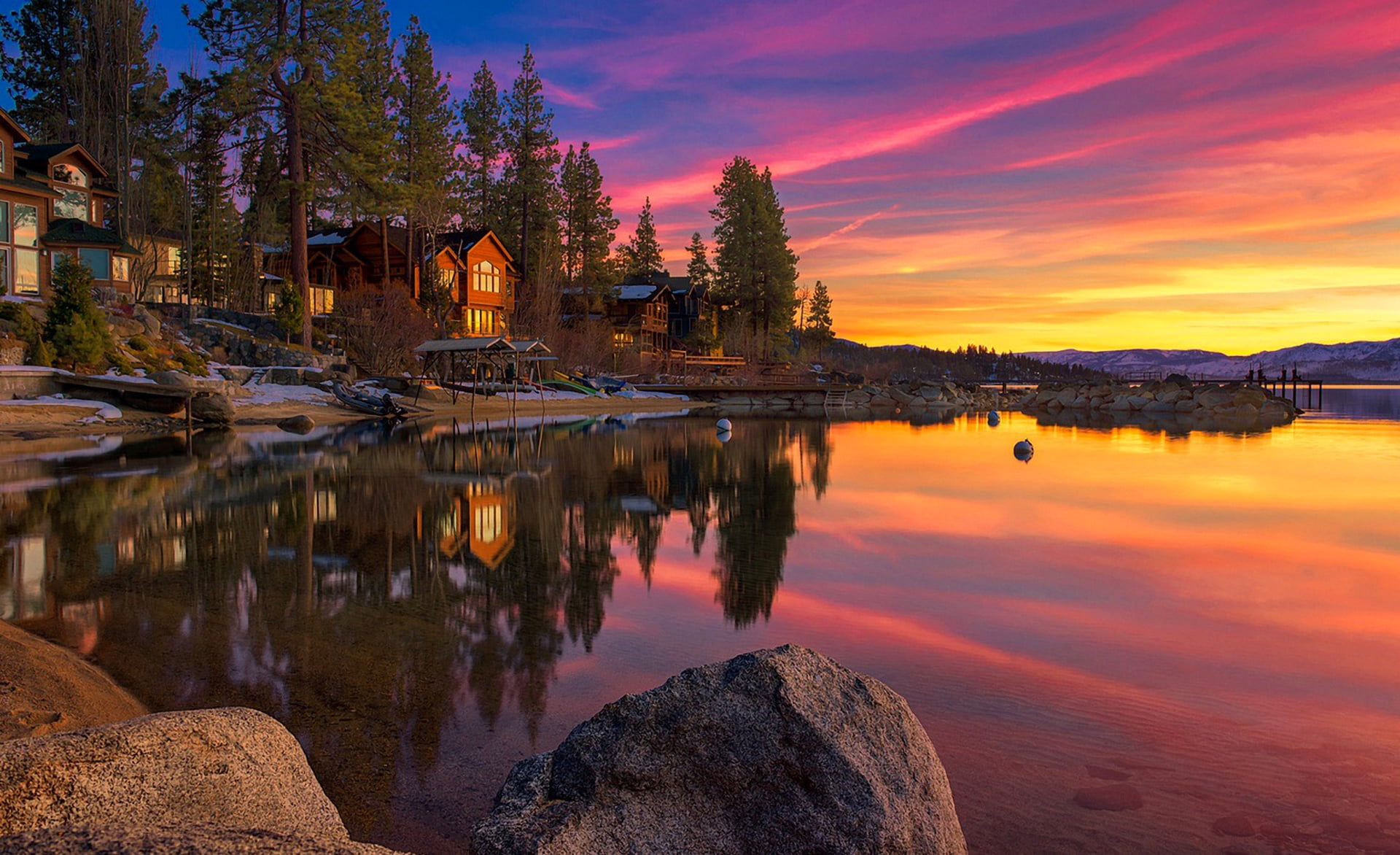 plant, leafed, outdoors, lake, nature, sun, reflection, reflection lake, Tahoe, solid, no people, cloud - sky, the sky, trees, stones, USA, water, landscape, HD Wallpaper
