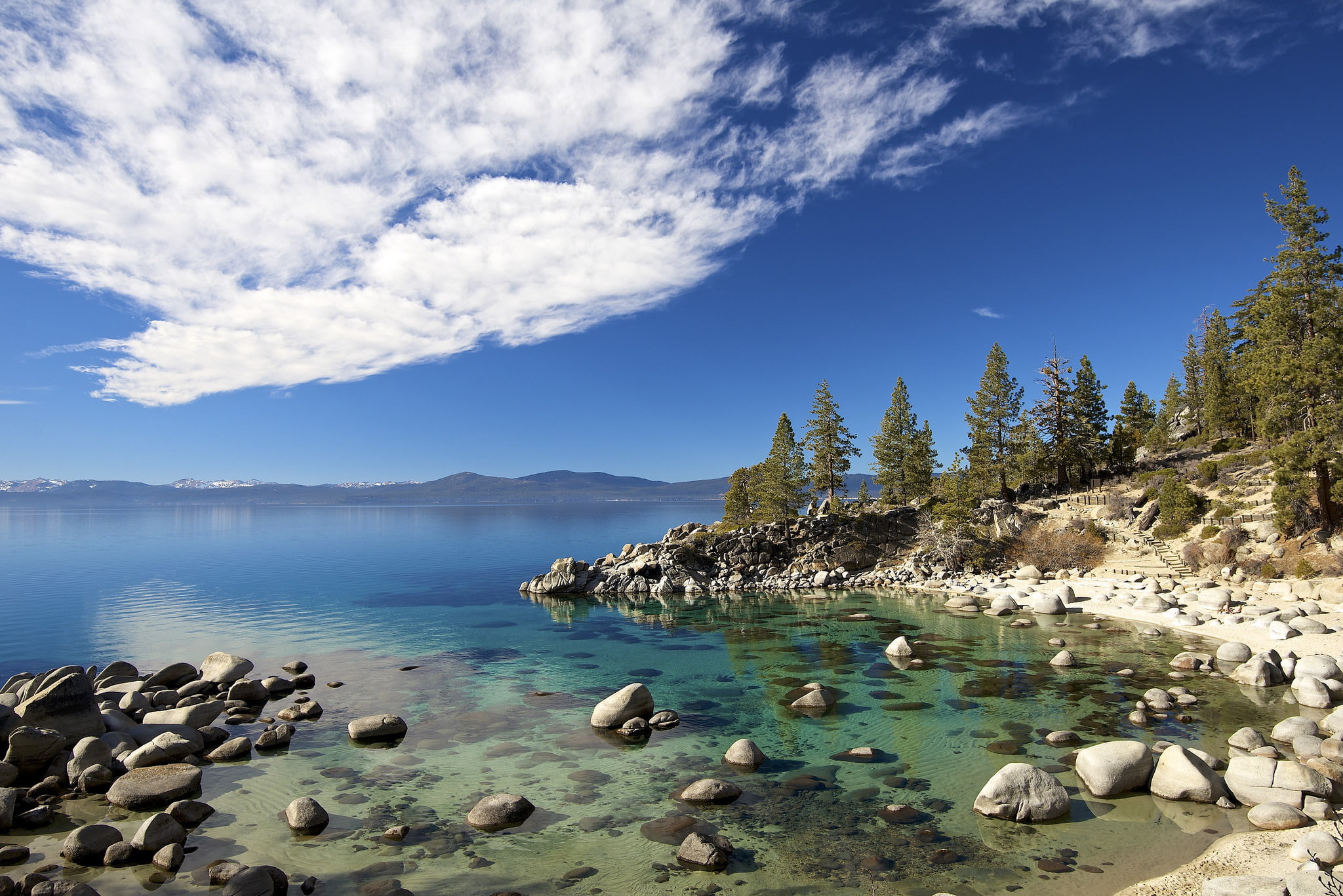 the sky, stones, trees, clouds, lake Tahoe, 1080P, HD Wallpaper