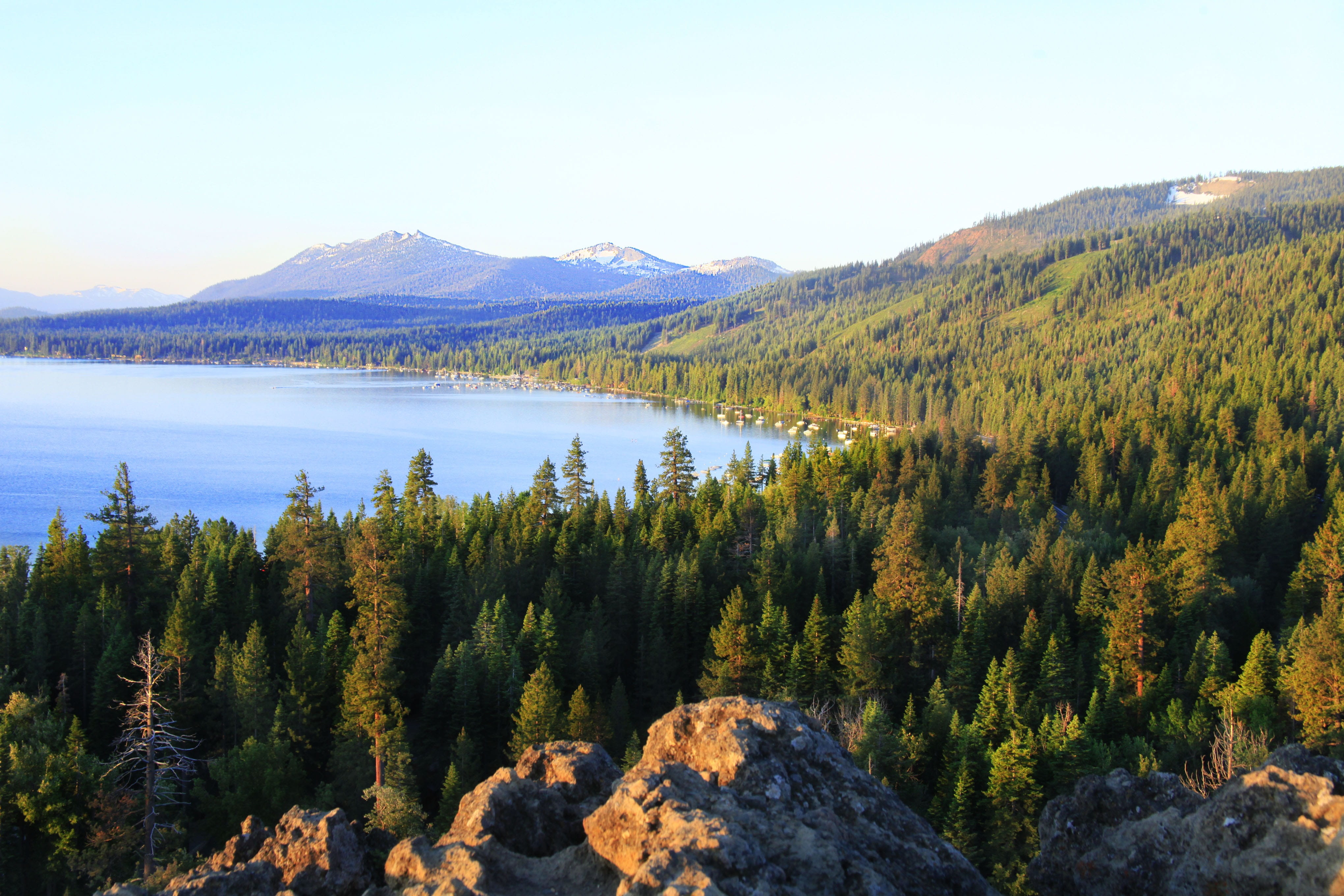 sky, coniferous tree, land, scenics - nature, canada, outdoor, scenic, nature, water, outdoors, clear sky, Lake, plant, environment, tree, peak, blue, forest, HD Wallpaper