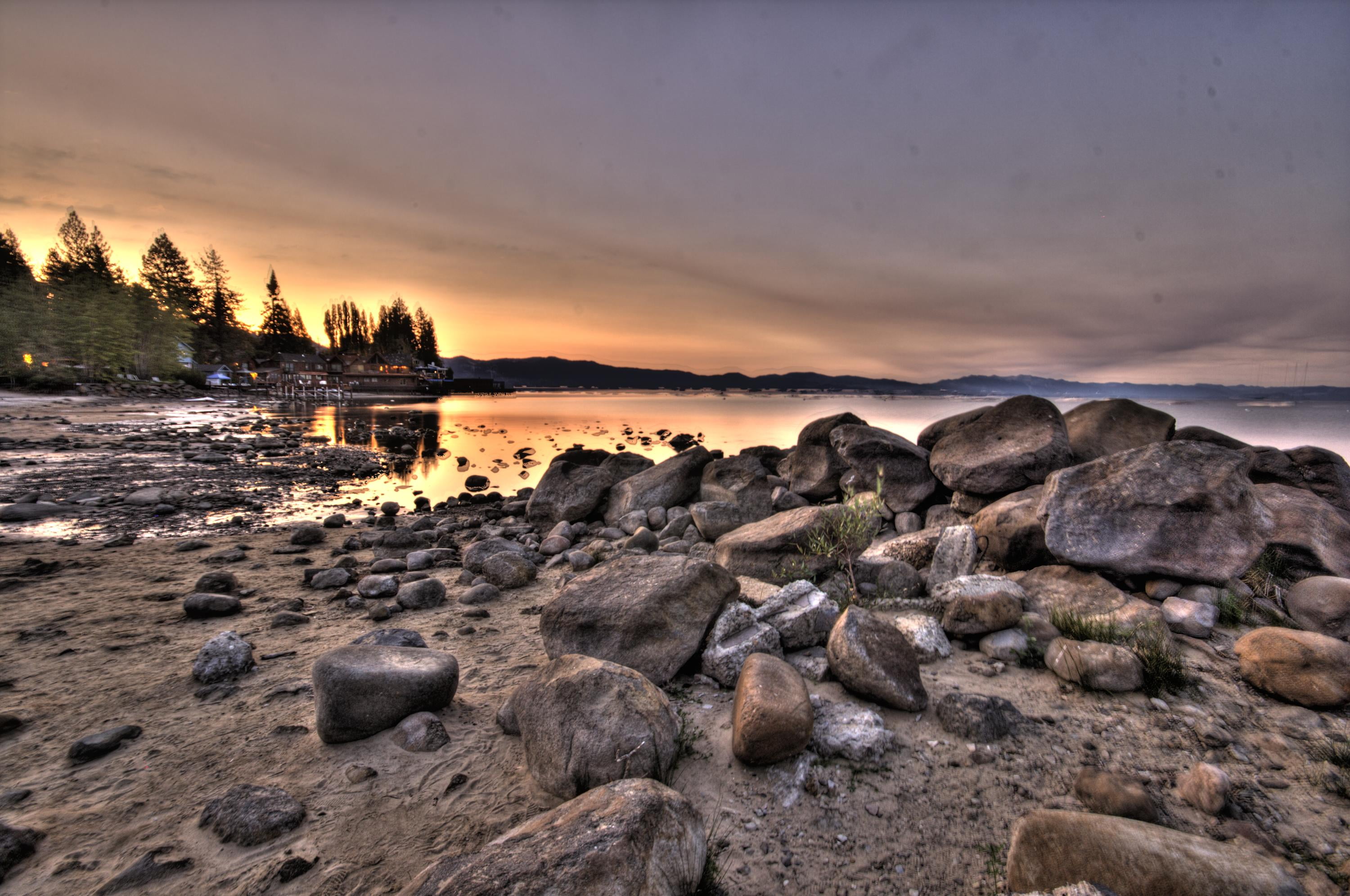outdoors, 2K, tahoe, panoramic, ocean, photo, sunset, landscape, stone, near, scenics, nature, lake, sky, water, dusk, beach, sea, rock - Object, HD Wallpaper