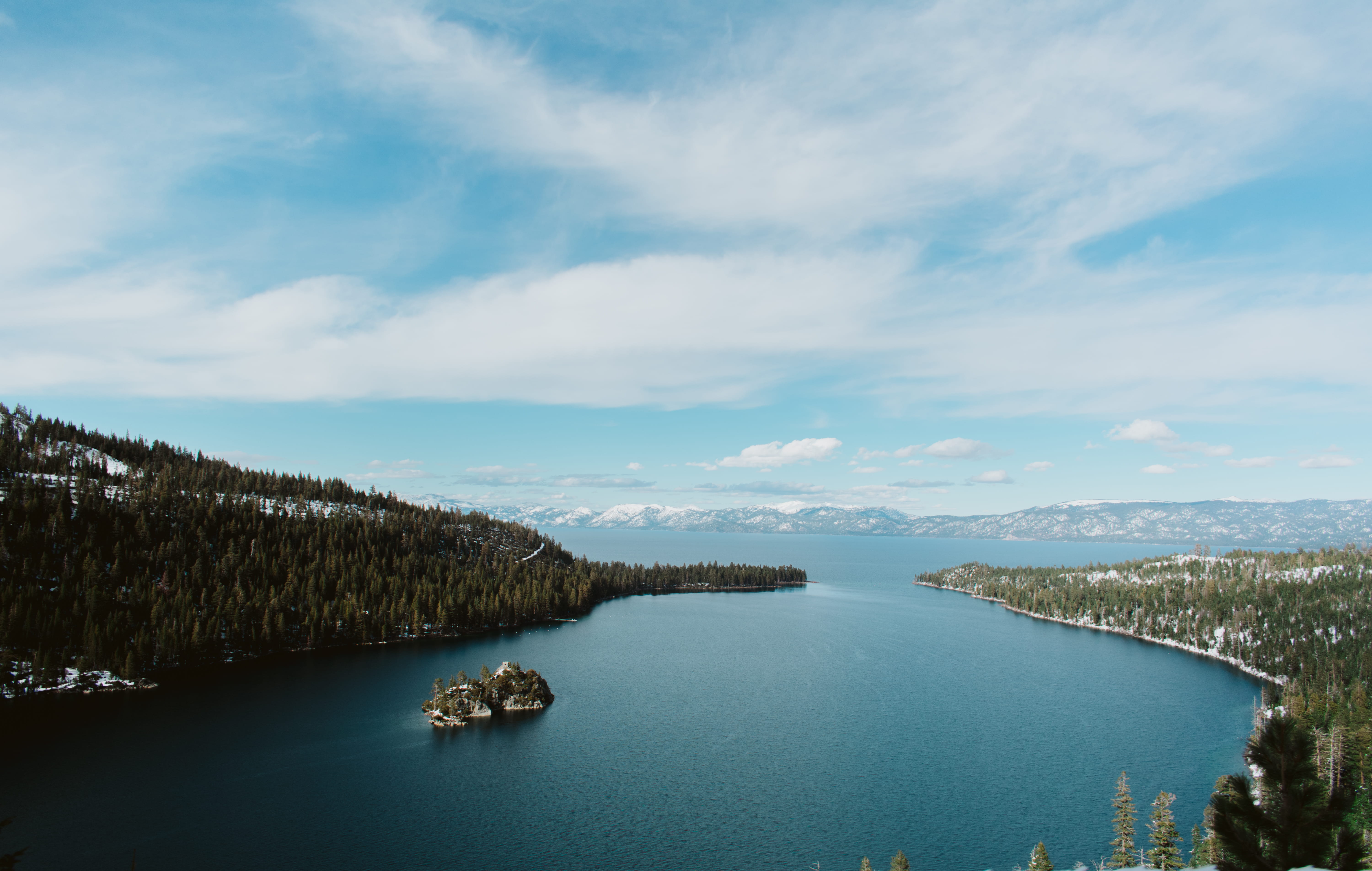 sky, no people, south lake tahoe, coast, 5K, promontory, ocean, waterfront, tree, tranquility, scenics - nature, cloud - sky, remote, nature, island, beauty in nature, HD Wallpaper