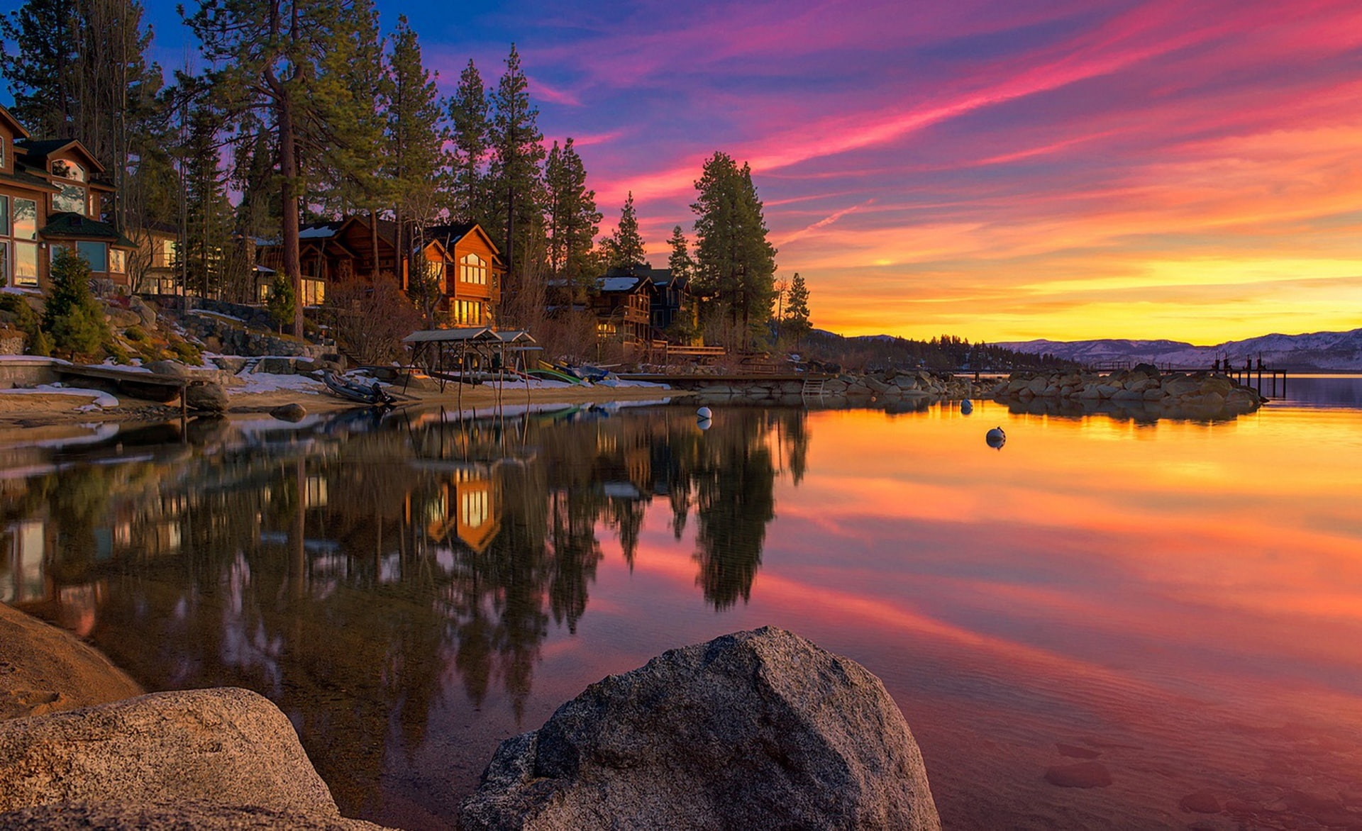 clouds, house, landscape, 1080P, tahoe, rocks, states, lake, sunset, sky, united, HD Wallpaper