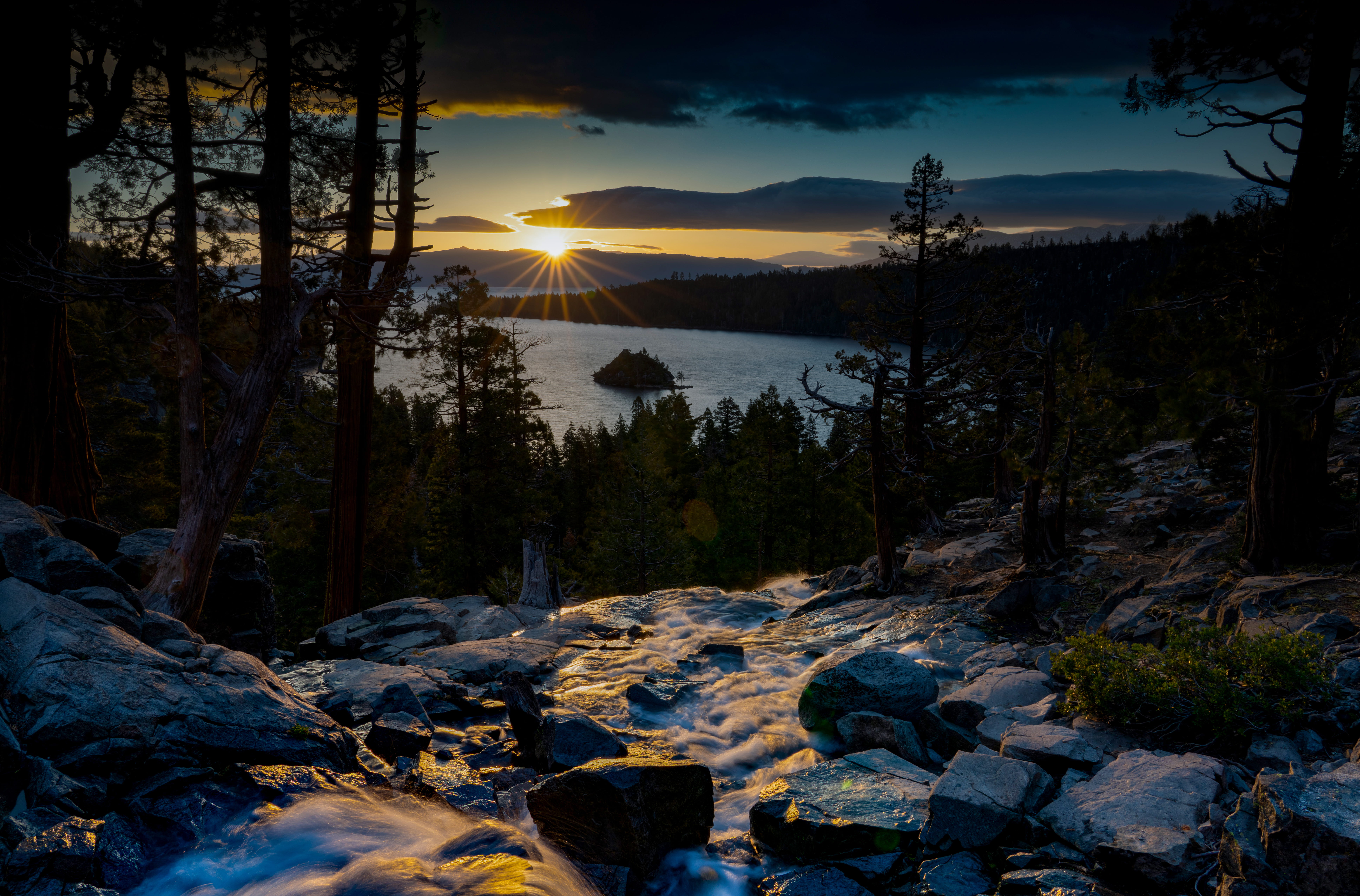 wilderness, conifer, rock, solid, sunrise, background, emerald bay, plant, outdoors, 8K, nature, abies, sunset, sunbeam, lens flare, water, HD Wallpaper