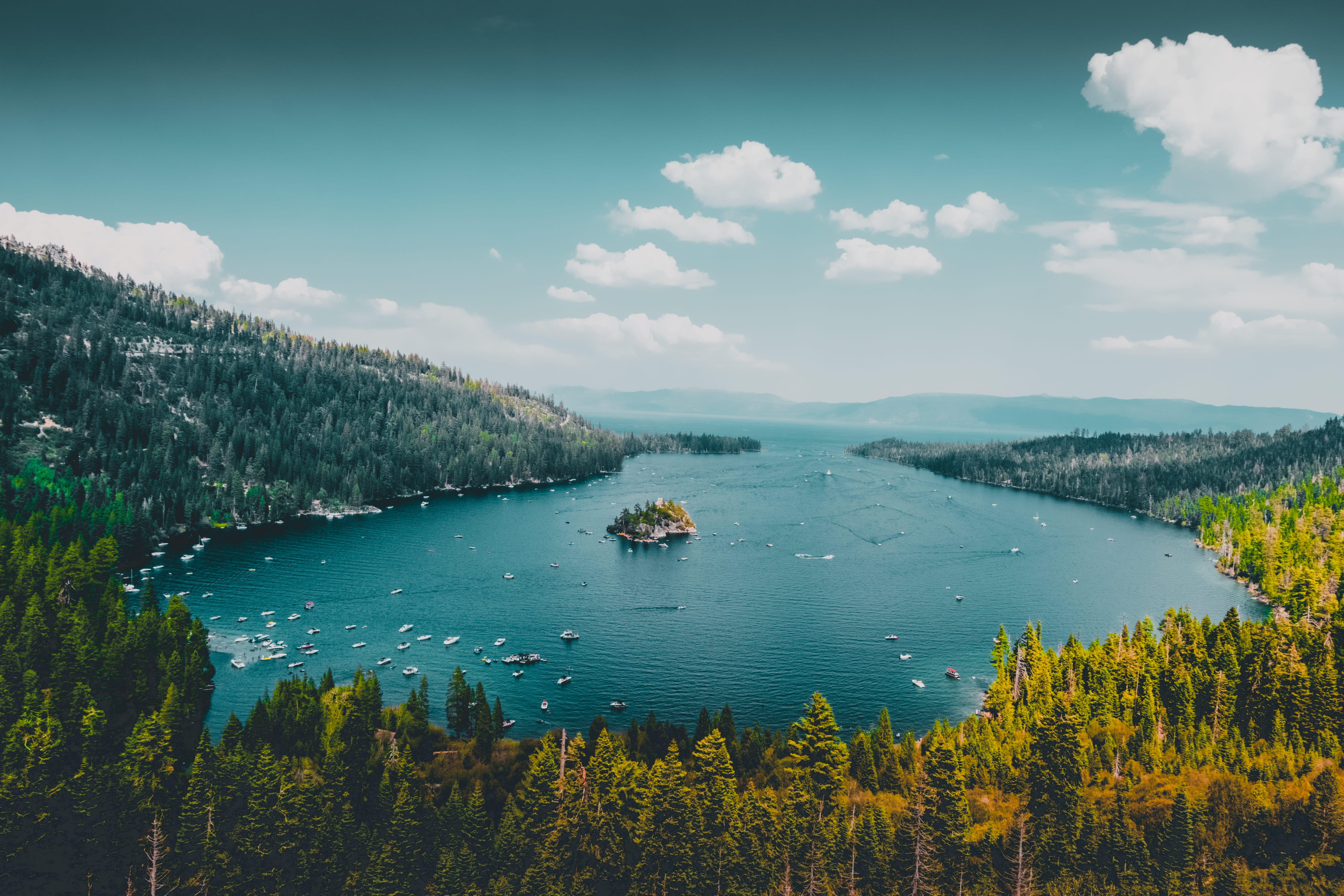 tranquil scene, fir, day, cloud - sky, abies, outdoor, promontory, landscape, emerald bay, high angle view, sky, beauty in nature, plant, shoreline, tranquility, HD Wallpaper