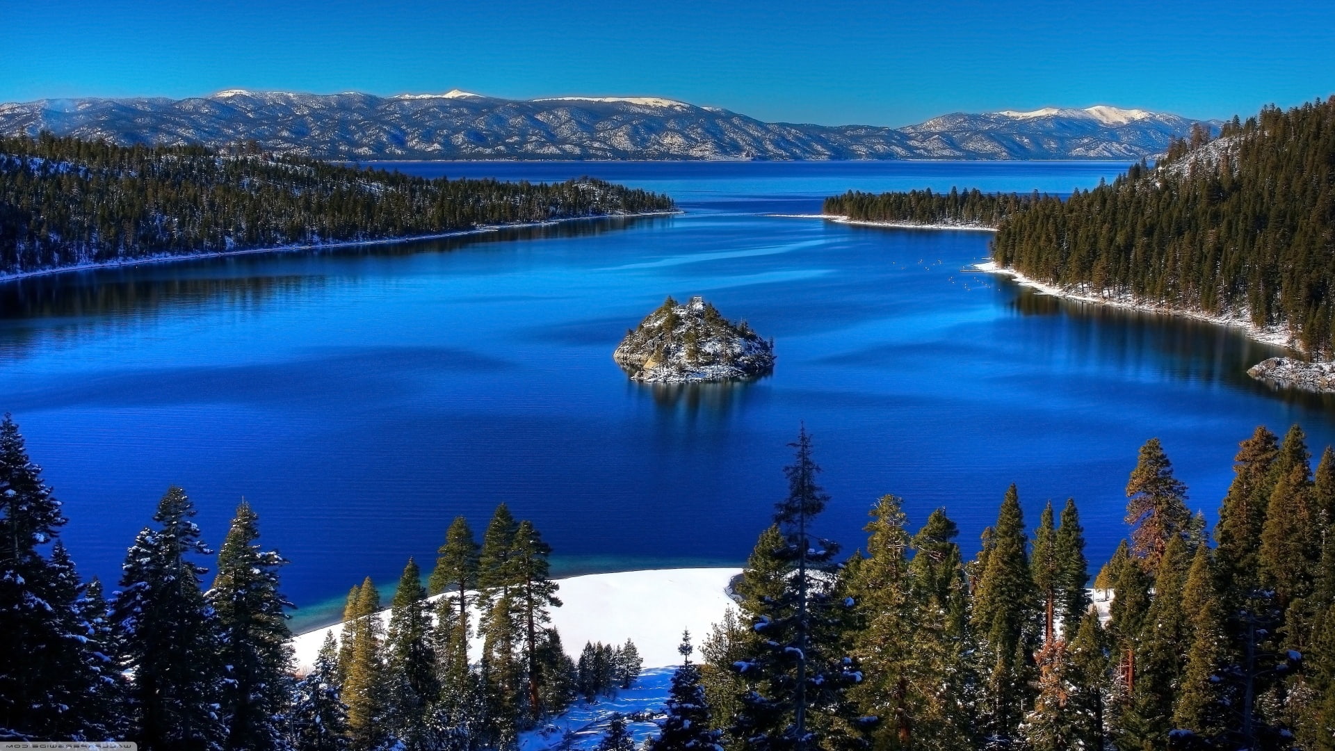 mountains, snow, trees, forest, 1080P, landscapes, sky, winter, emerald, bay, woods, HD Wallpaper