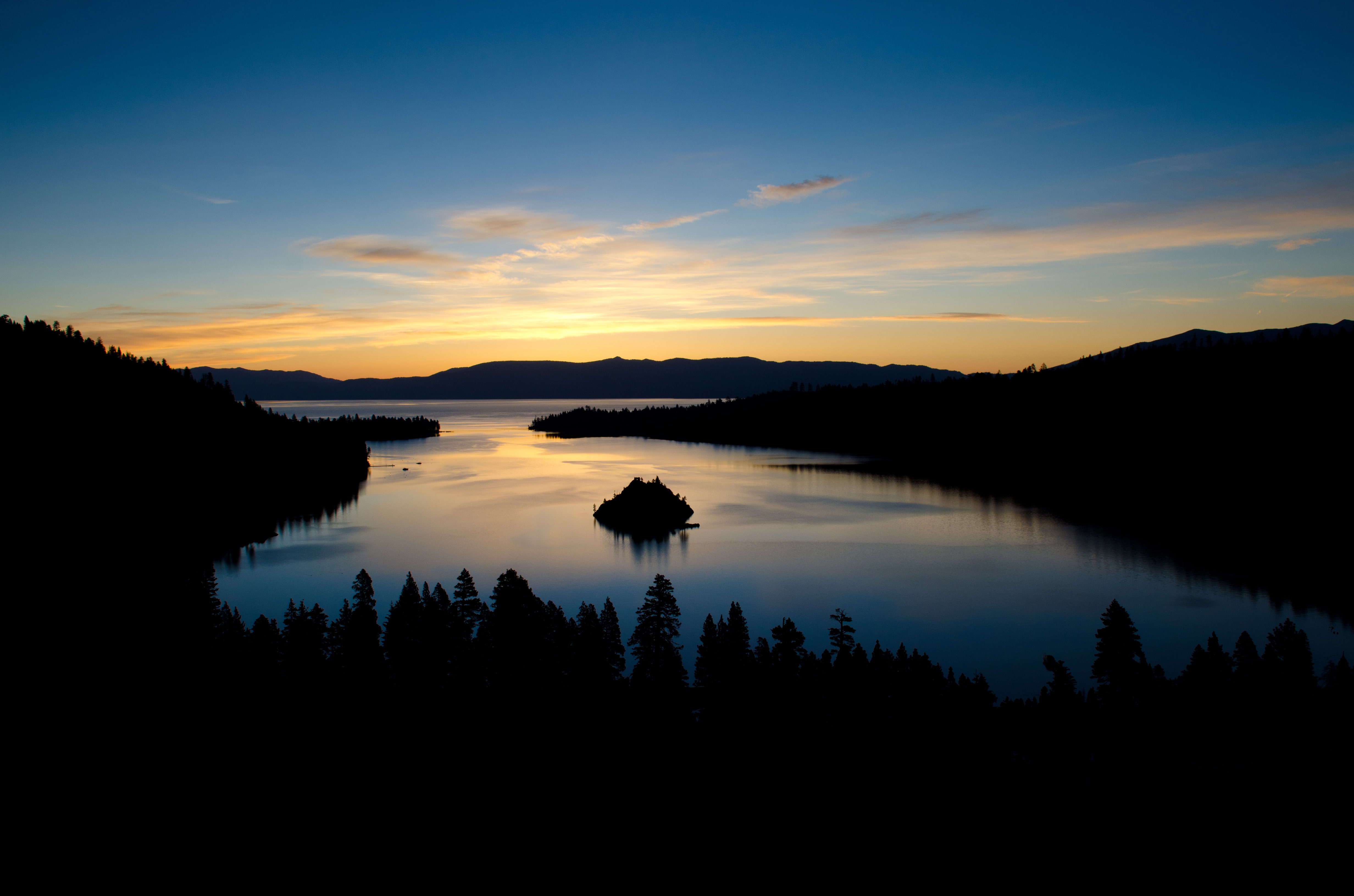 lake Tahoe, morning, emerald bay, california, 4K, sunrise, mountains, USA, dawn, forest, HD Wallpaper