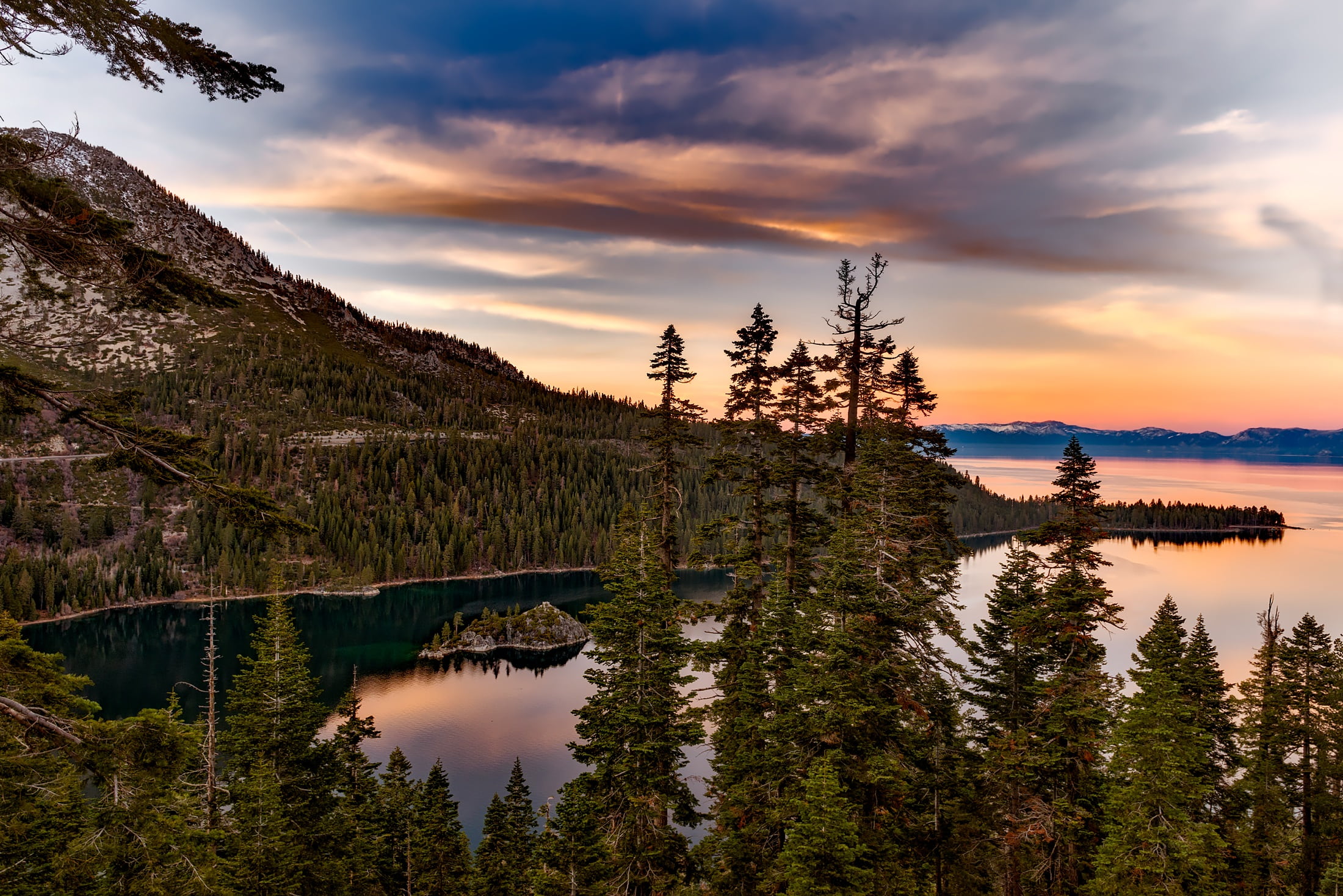 california, daytime, reflections, emerald bay, forest, rural, green, cloud - sky, remote, nature, 1080P, clouds, destinations, travel destinations, trees, HD Wallpaper