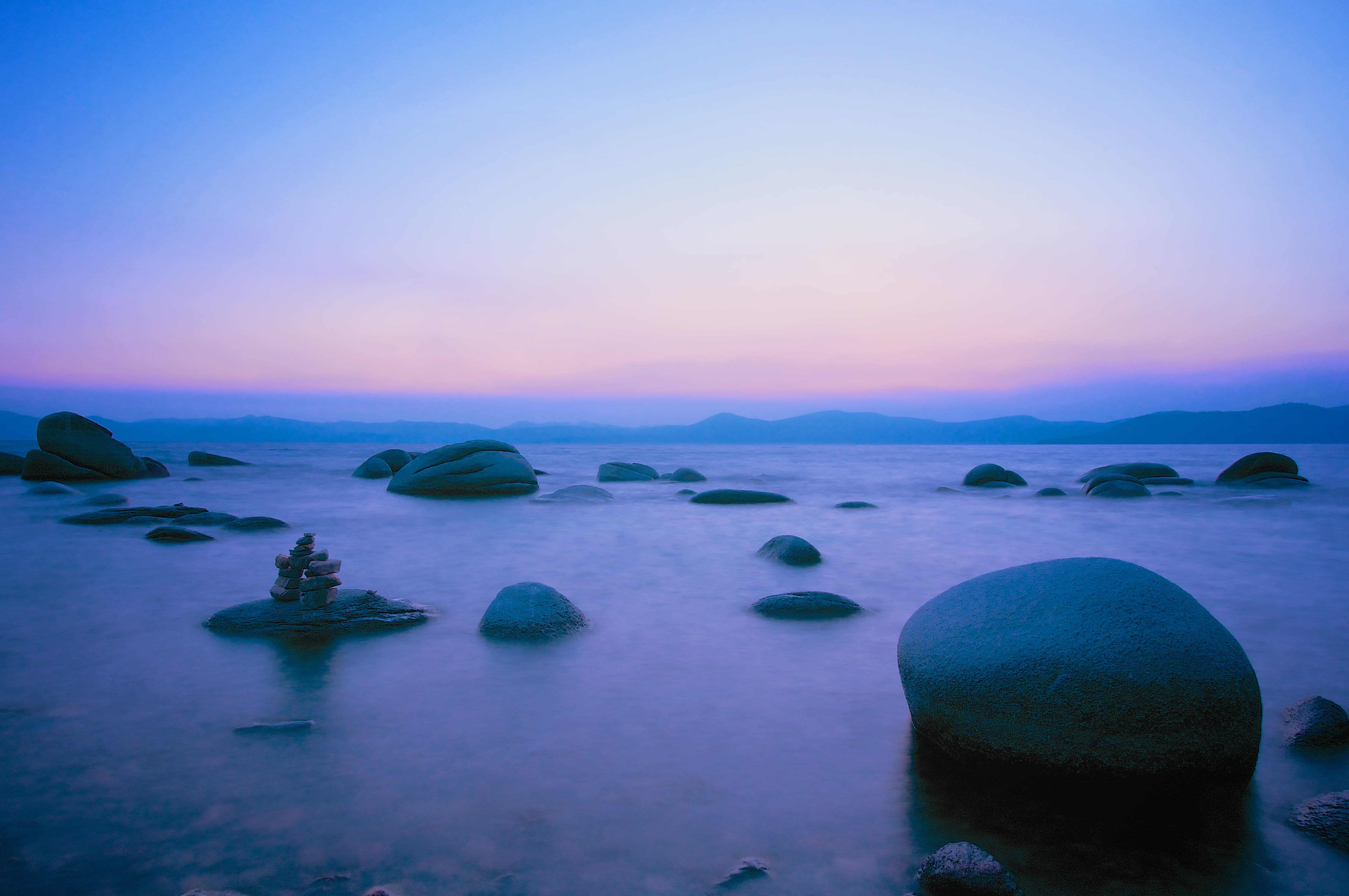 tranquil scene, land, twilight, purple, dusk, lake, 4K, california, rock - object, sunset, tahoe, united states, horizon over water, beauty in nature, HD Wallpaper