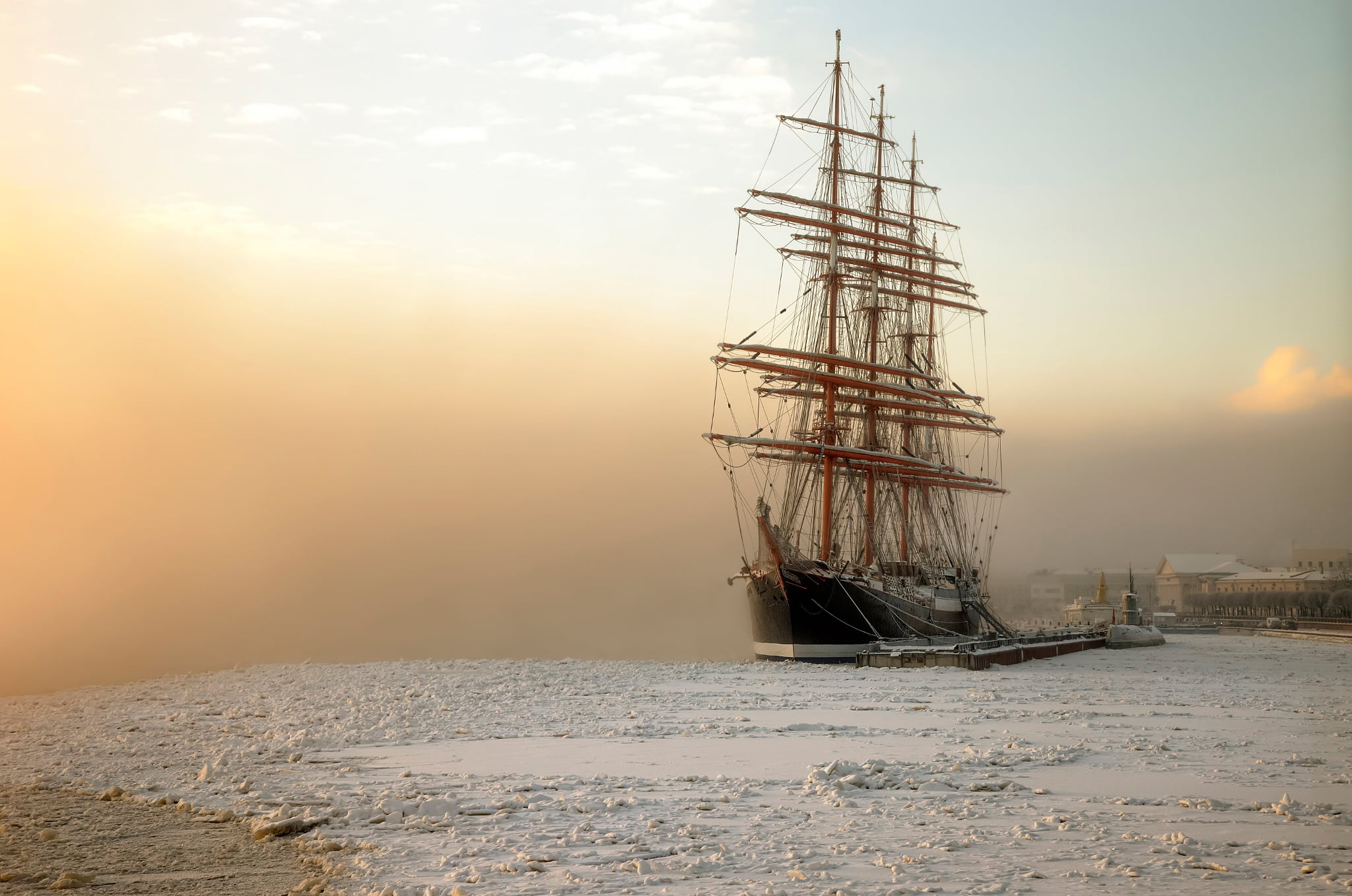 tranquility, sea, brown, outdoors, frost, nature, sunlight, beauty in nature, 1080P, sailboat, cold temperature, sky, waterfront, sunset, water, sun, no people, HD Wallpaper